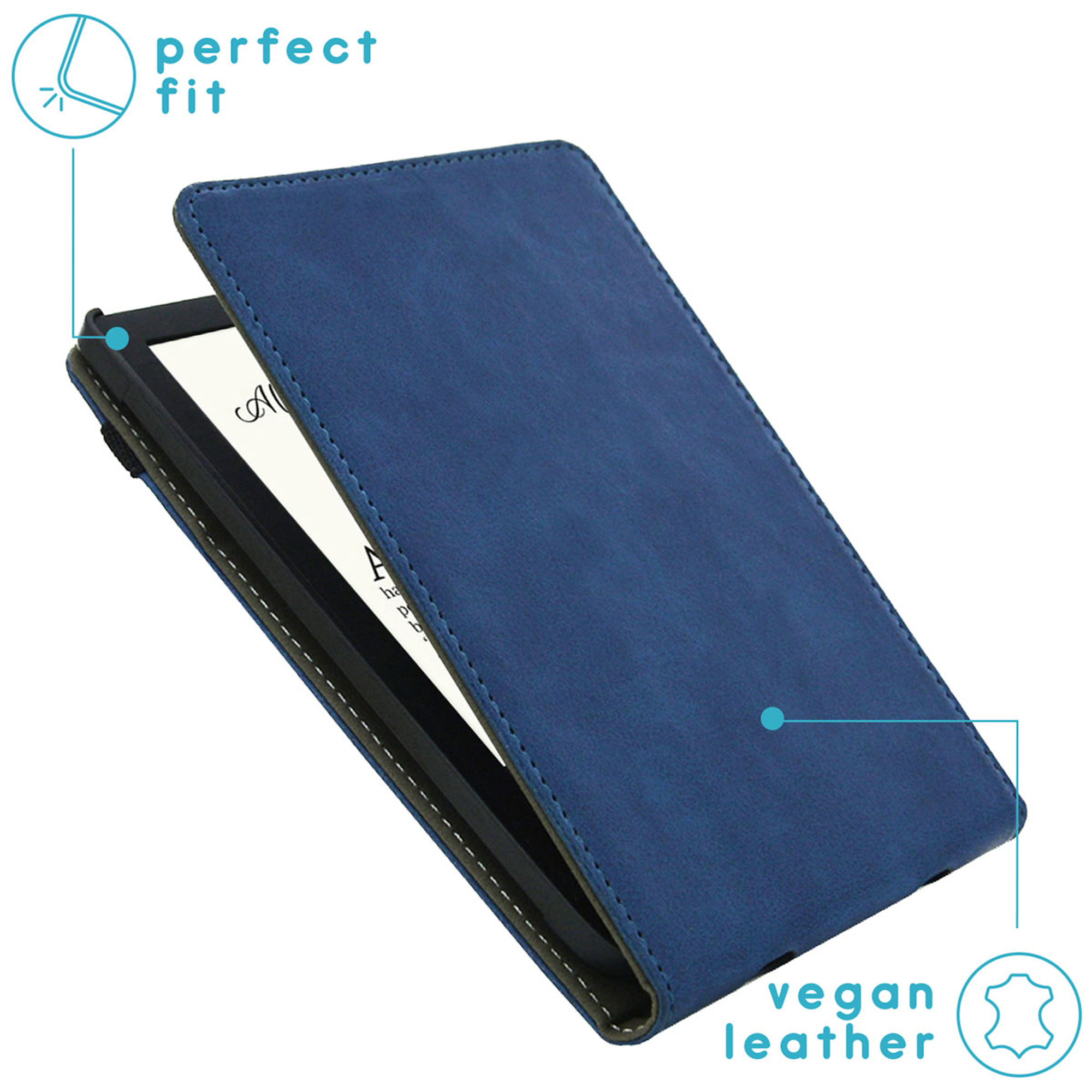 Blauwe vegan leren e-reader hoes met labels voor perfecte pasvorm en materiaal.