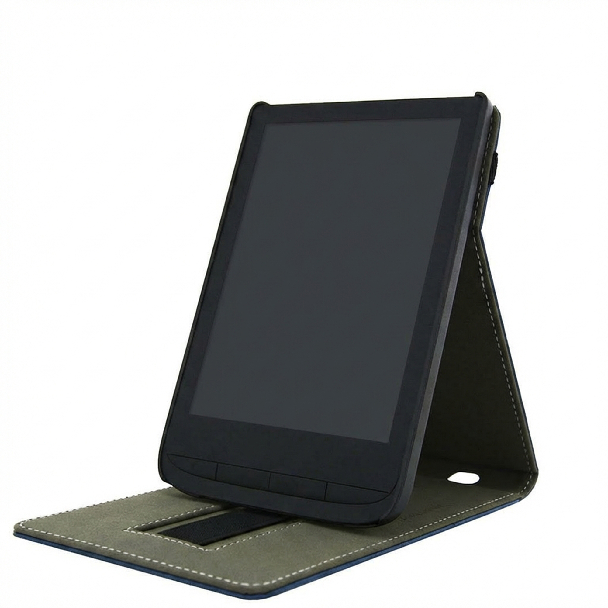 Een zwarte tablet in een donkergrijze beschermhoes tegen een witte achtergrond.