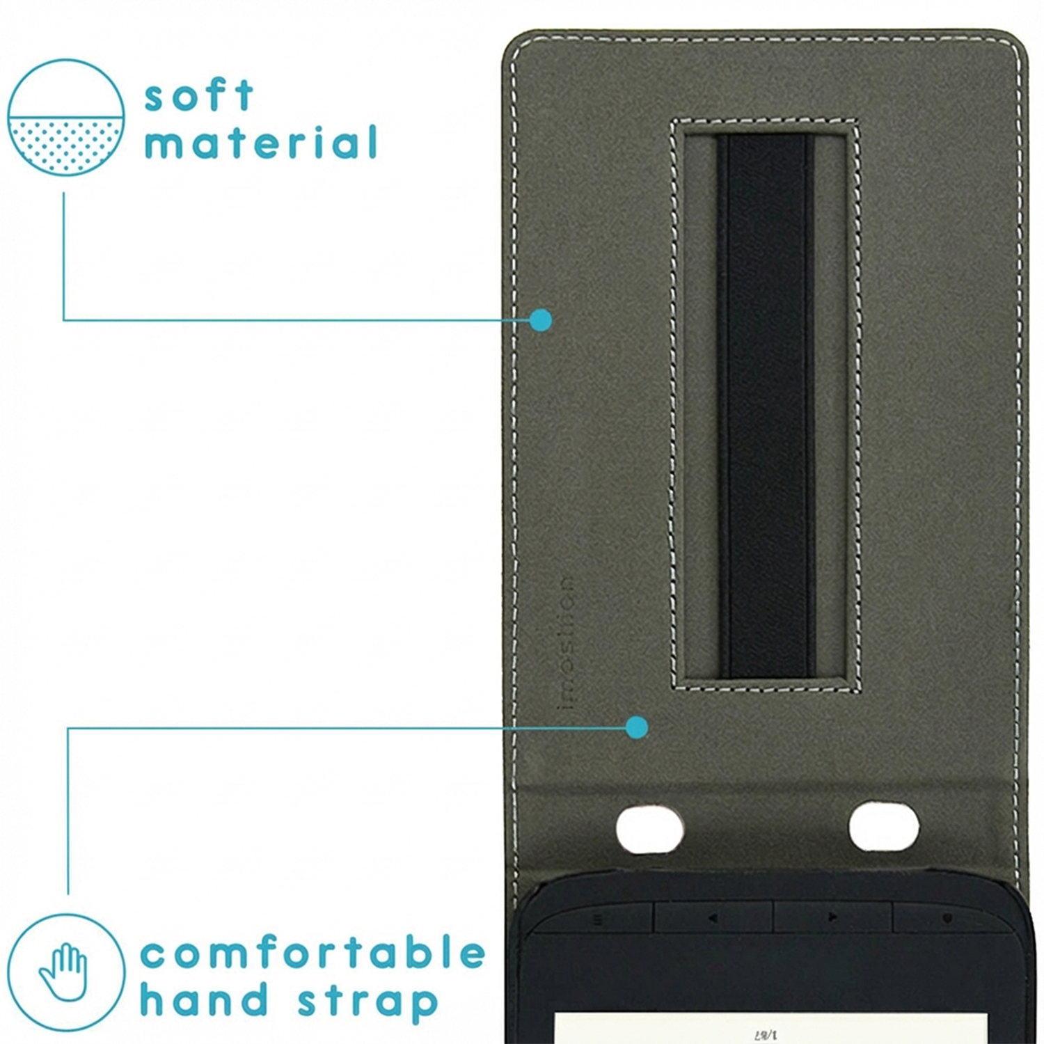 Grijze e-readerhoes van zacht materiaal met comfortabele handriem.