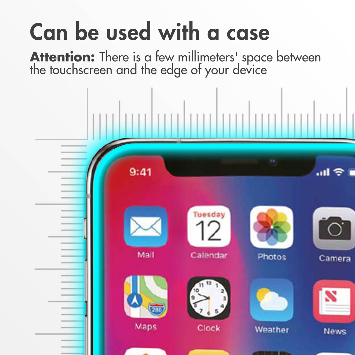 Smartphone-scherm met app-icoontjes en meetchalen op de achtergrond en tekst boven.