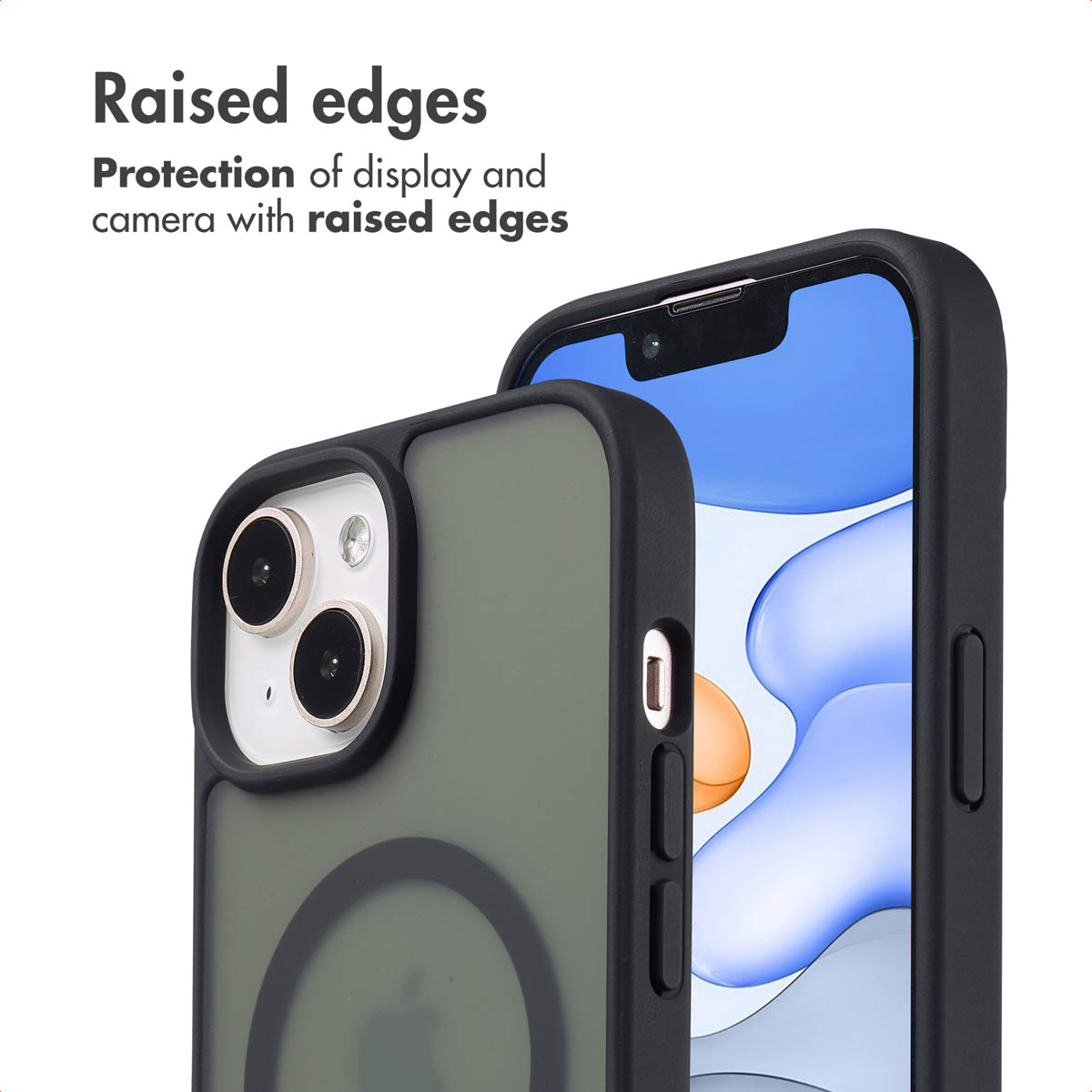 Twee iPhones in zwarte hoesjes met opstaande randen ter bescherming van scherm en camera.