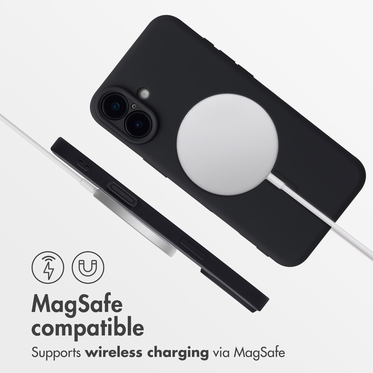 Una funda negra con cargador MagSafe, cámaras duales e iconos de compatibilidad sobre fondo blanco.