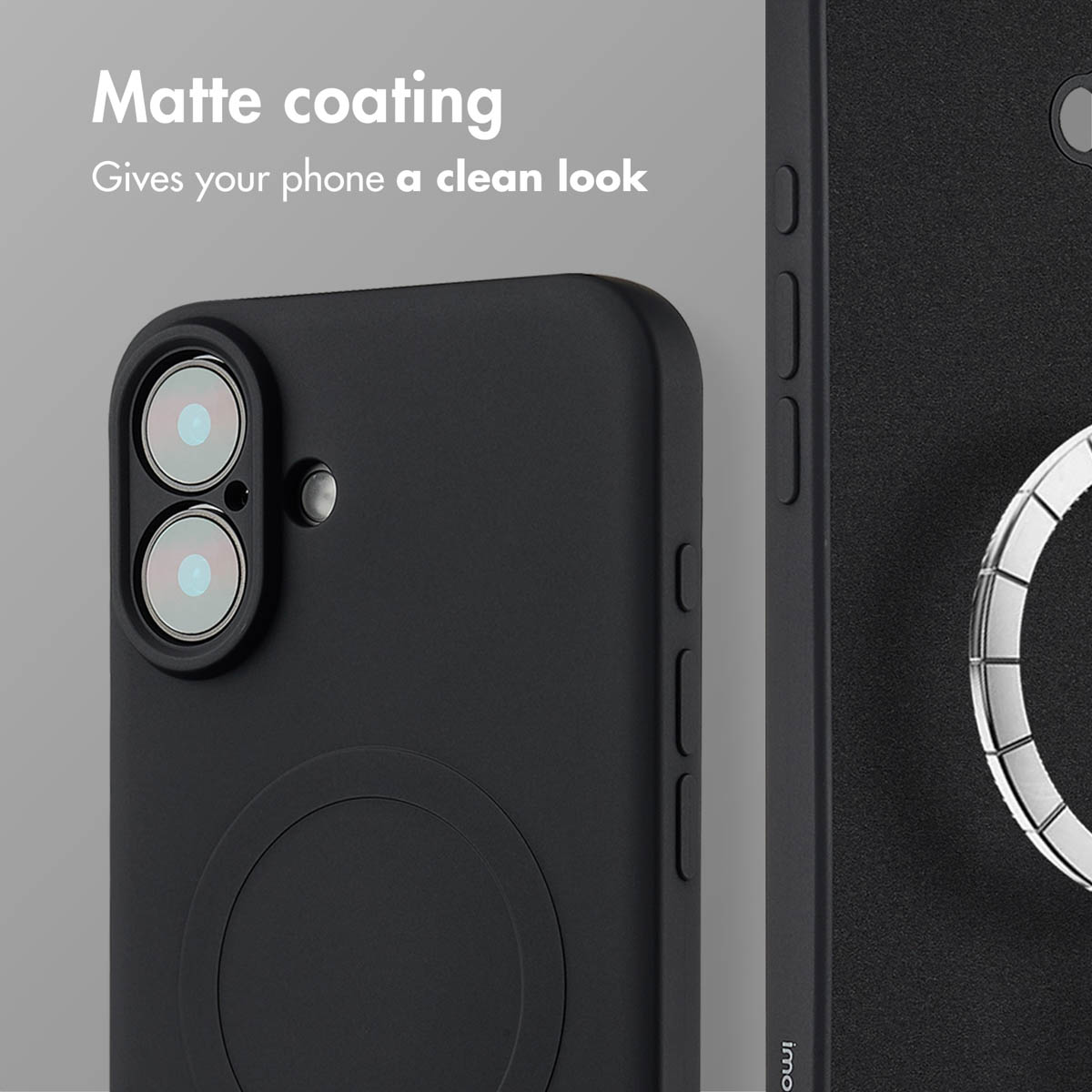 Una funda de smartphone negra con acabado mate, doble cámara y anillo magnético circular sobre fondo gris.