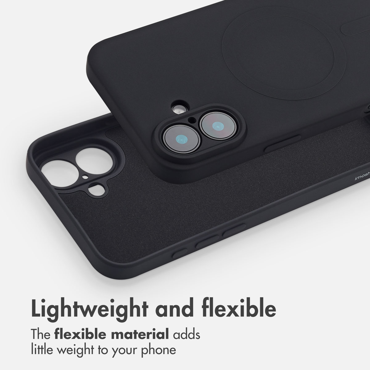 Funda de teléfono negra y ligera con anillo magnético y módulo de cámara.