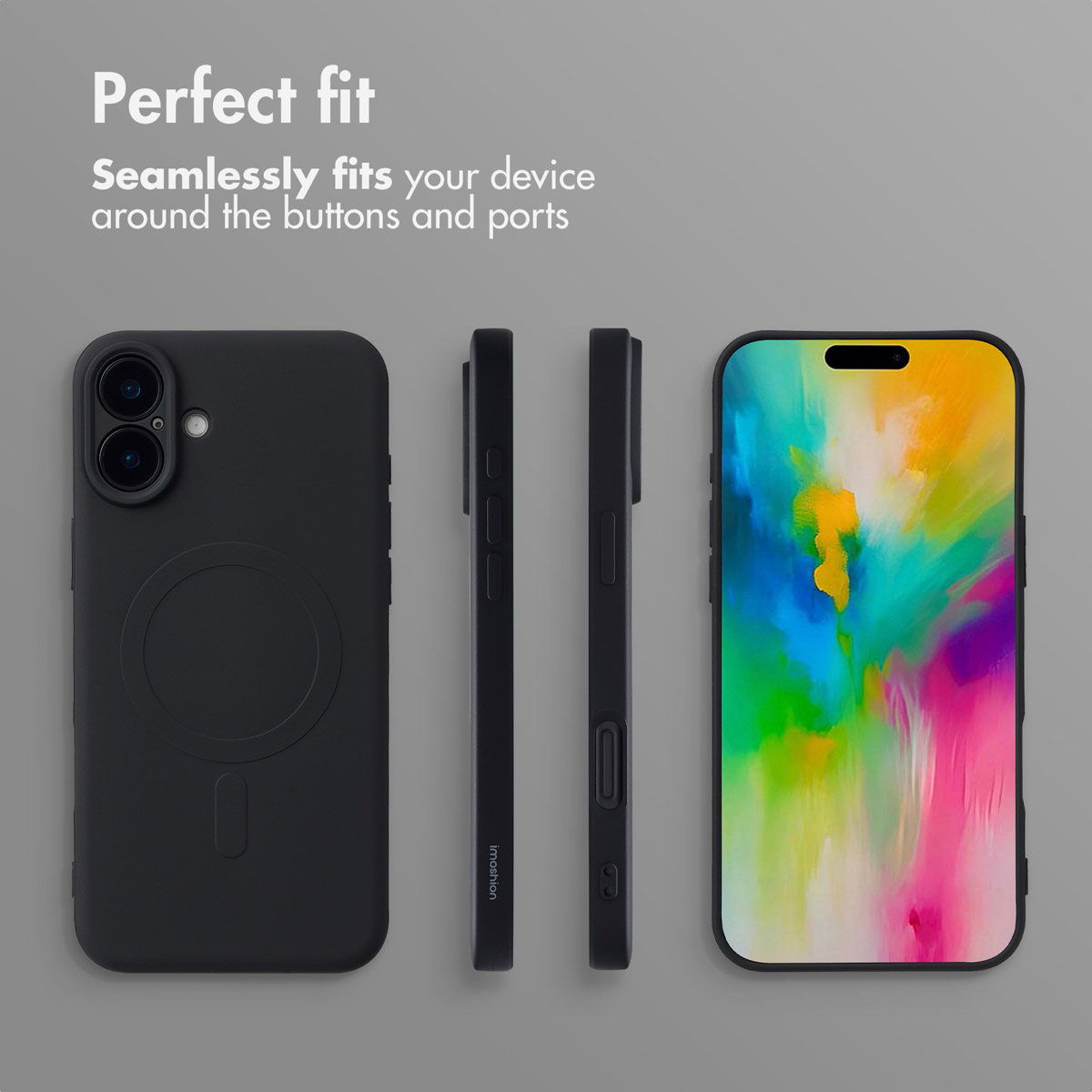 Una funda de móvil negra mostrada desde varios ángulos con texto Perfect fit.