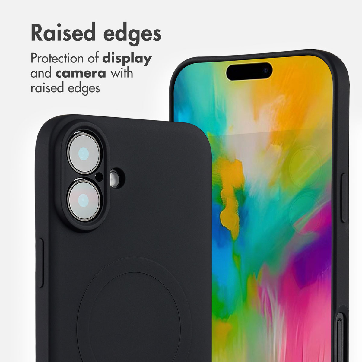 Funda de smartphone negra con bordes elevados para protección de pantalla y cámara, sobre fondo blanco.