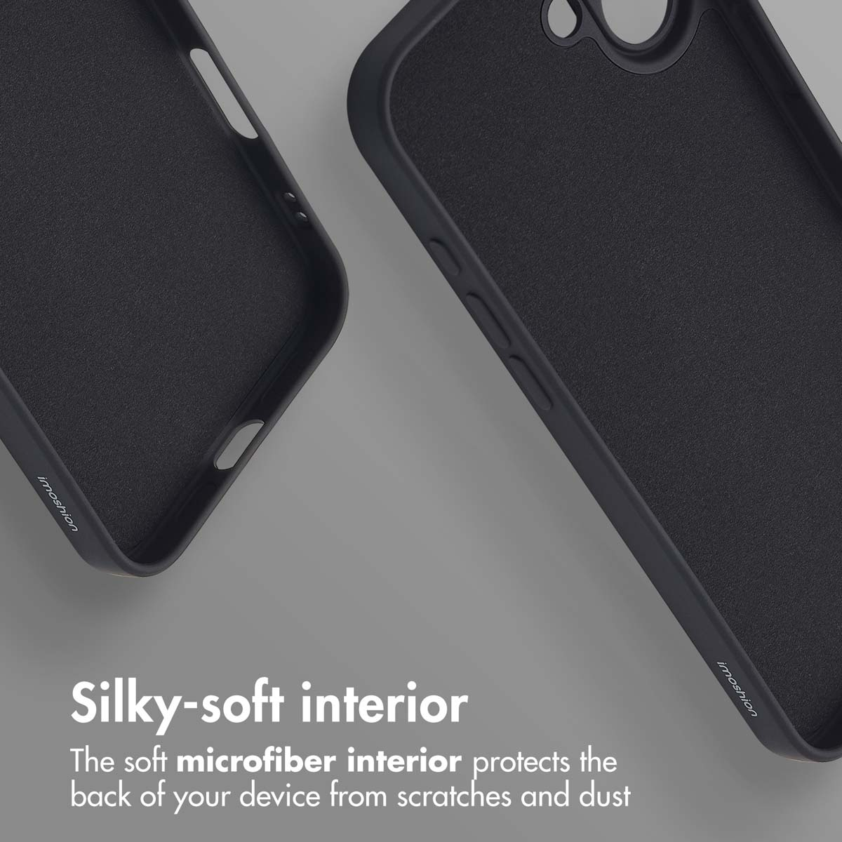 Dos fundas de móvil negras con interior de microfibra suave sobre una superficie gris.