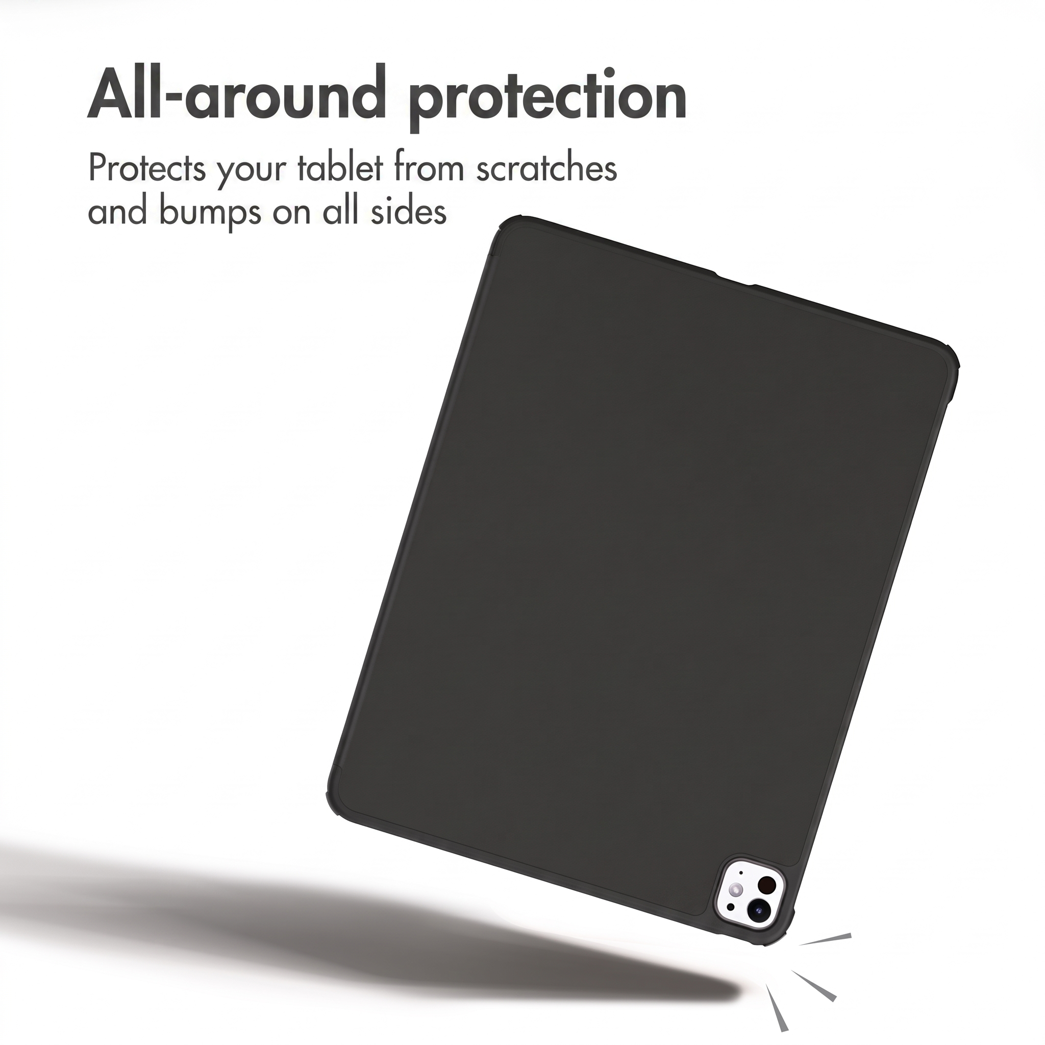 Un tablet nero in custodia protettiva fluttua su sfondo bianco. Testo sopra evidenzia la protezione.