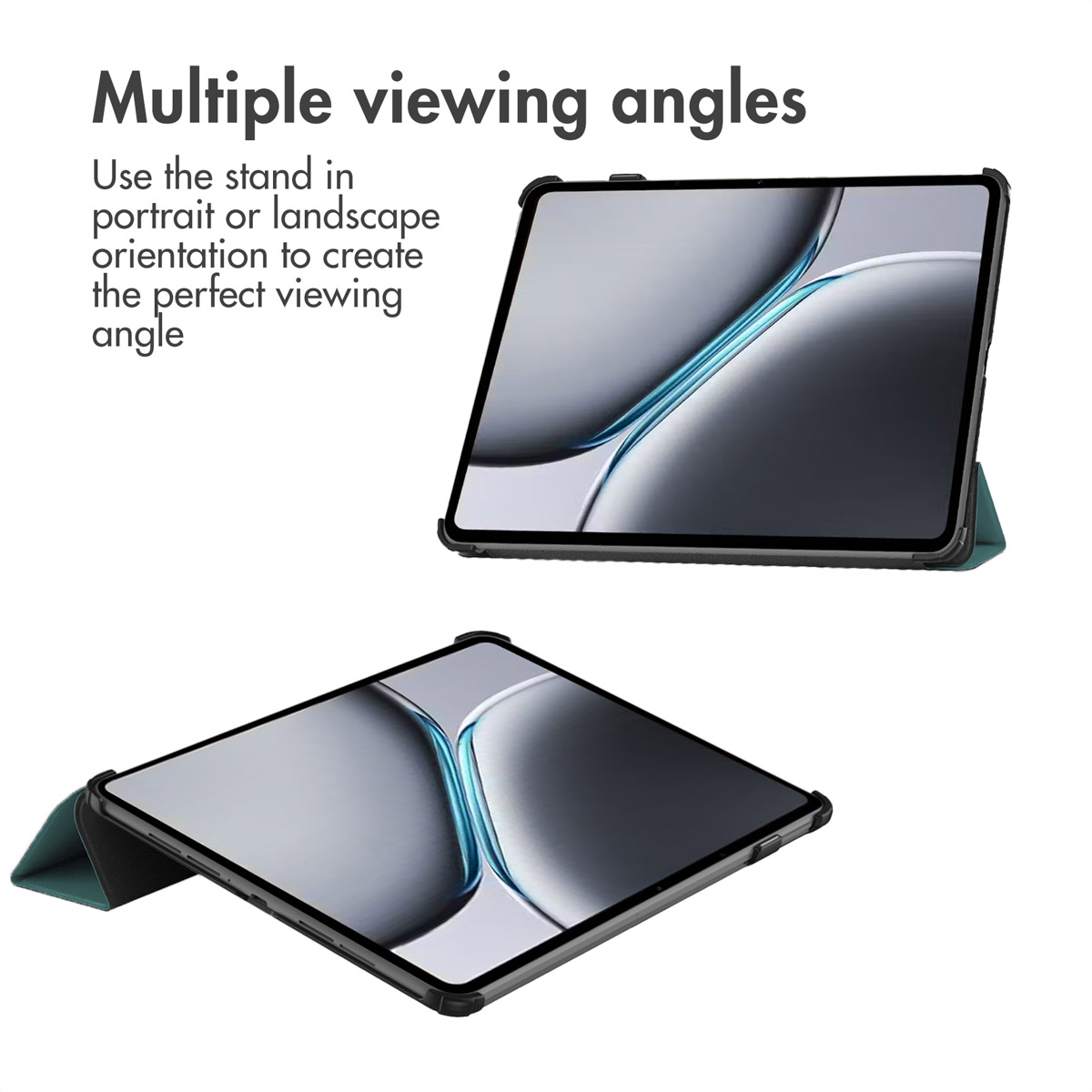 Twee tablets in standaards tonen flexibele kijkhoeken.