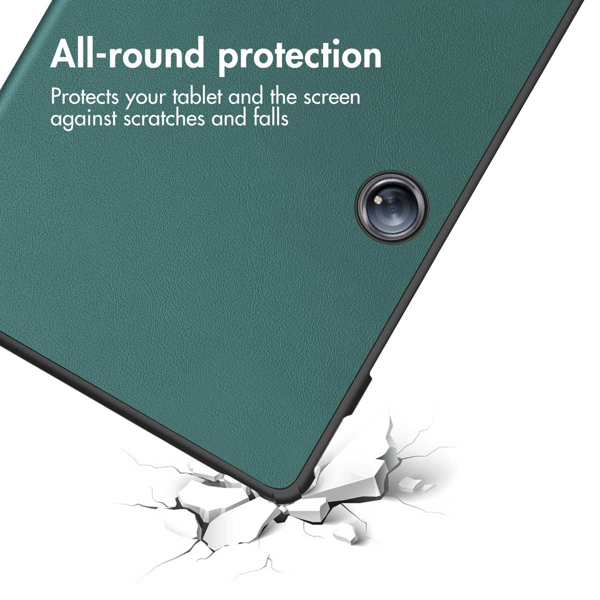 Groene tabletkaft met All-round protection tekst en witte achtergrond.