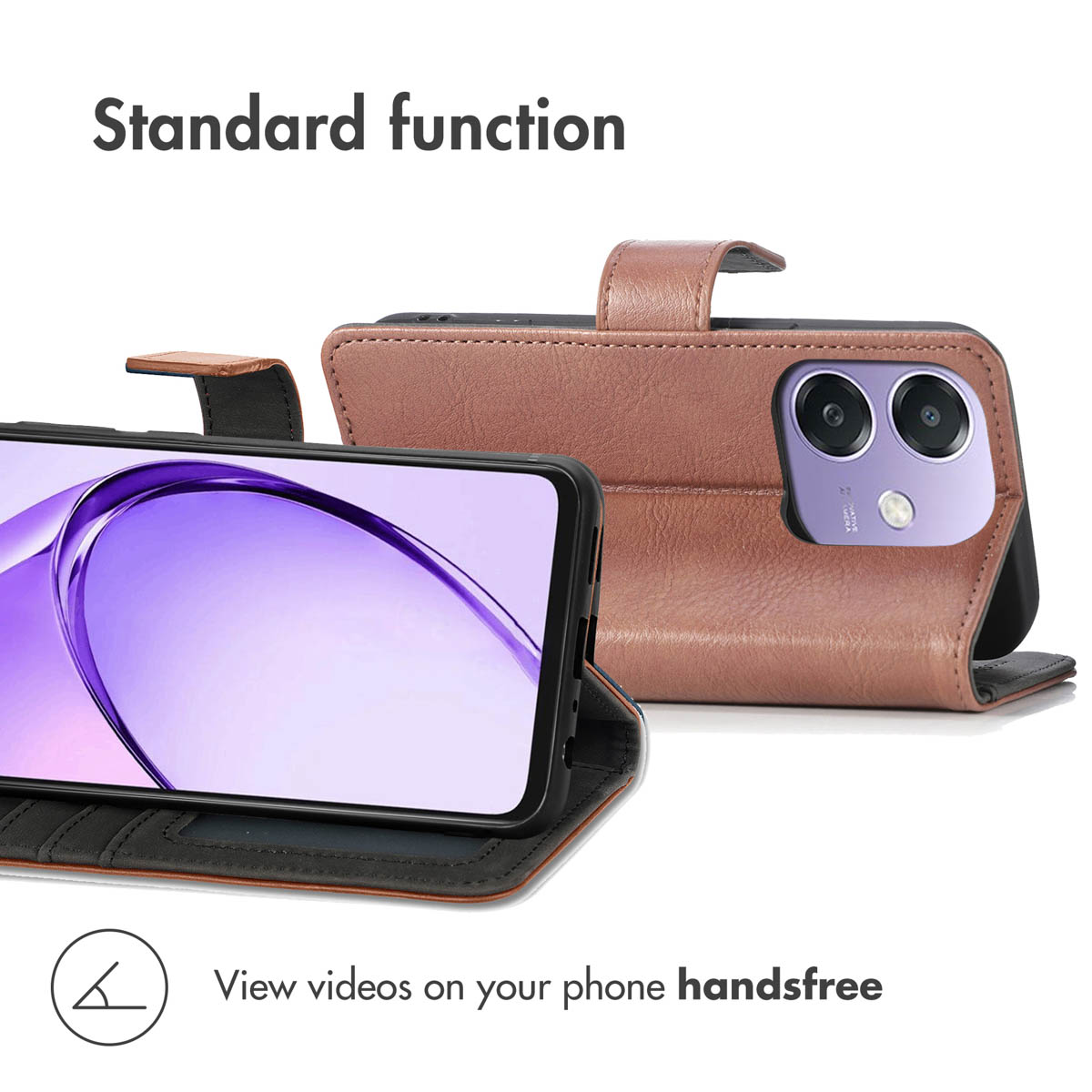 Una custodia a portafoglio in pelle marrone con uno smartphone viola in posizione mani libere.