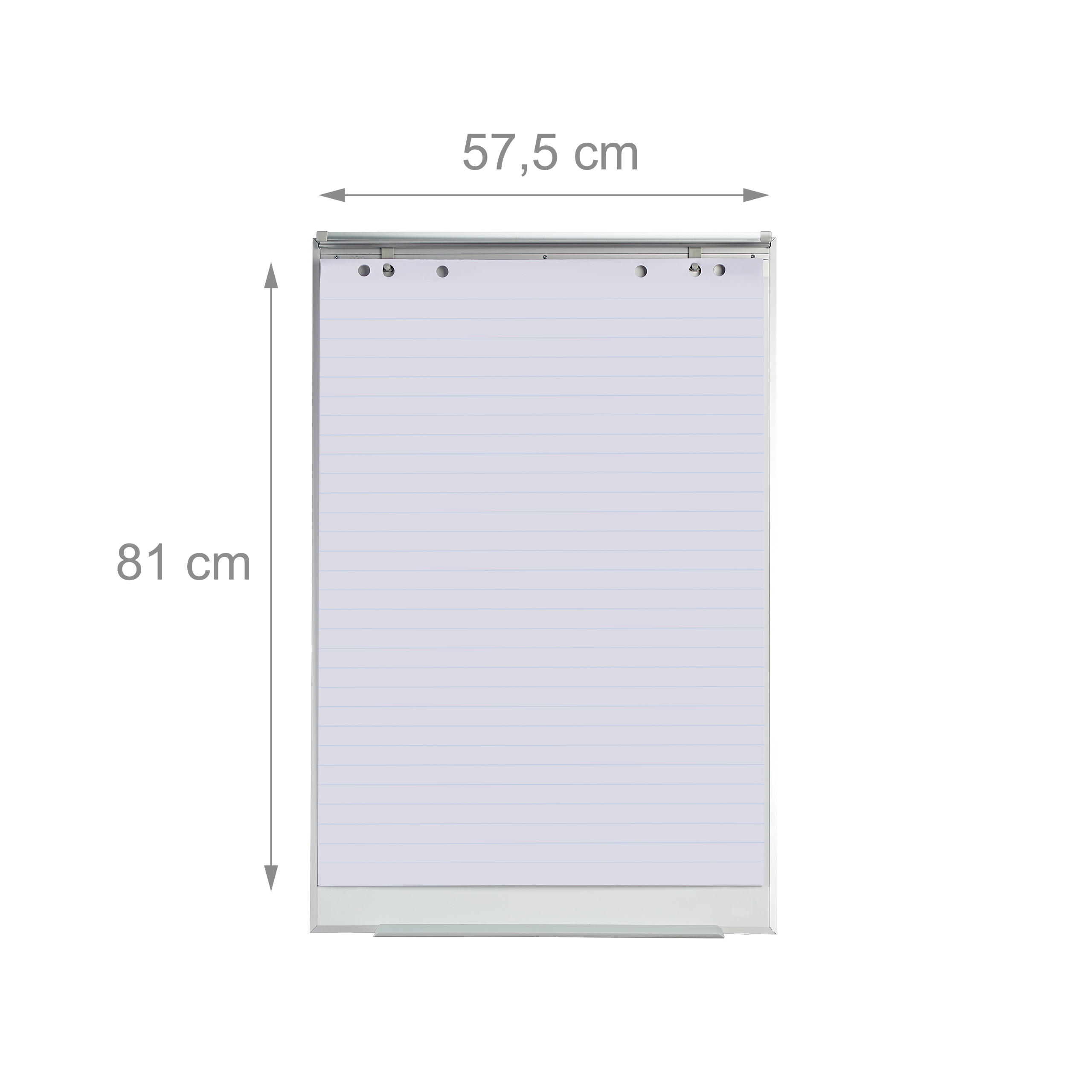 Liniert Flipchart-Block mit Maßen von 57,5 cm Breite und 81 cm Höhe auf weißem Hintergrund.