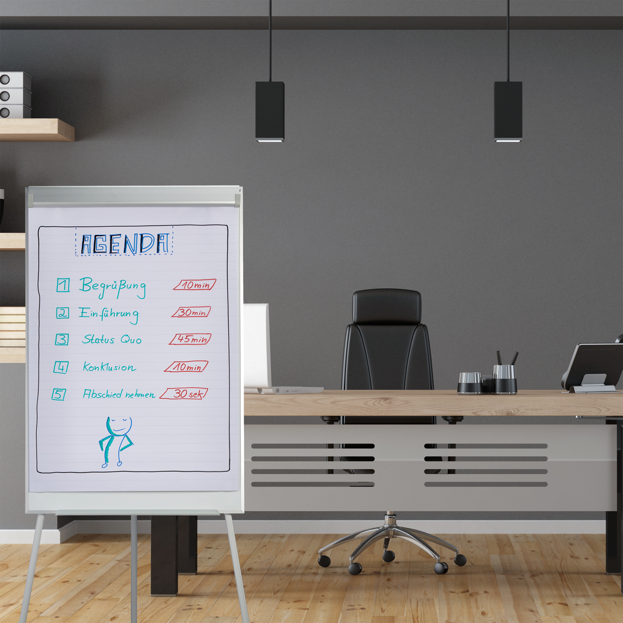 Moderne Büro mit Schreibtisch, schwarzem Stuhl und Flipchart im Vordergrund mit deutscher Agenda.