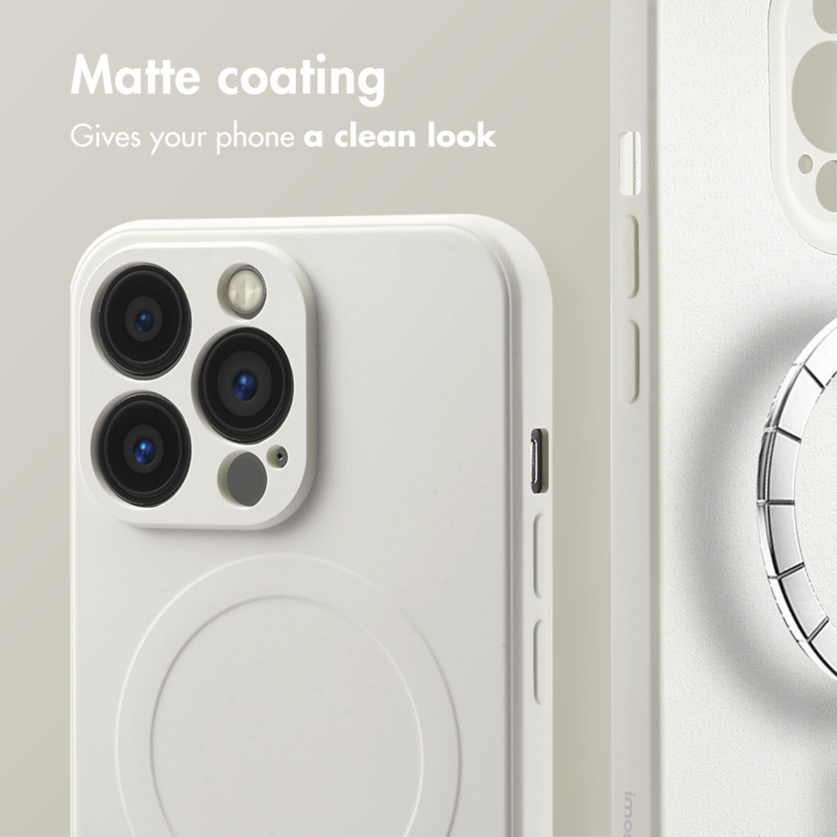 Una custodia per smartphone bianca con rivestimento opaco e ritaglio per fotocamera su sfondo neutro.