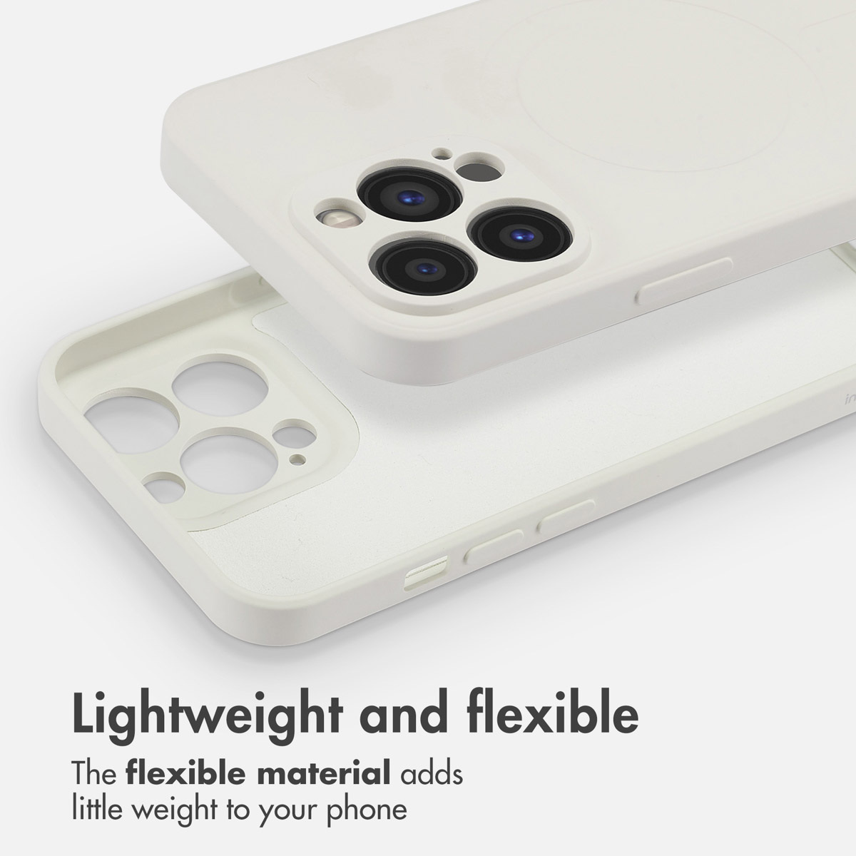 Due custodie per cellulare bianche e flessibili su sfondo bianco con testo.