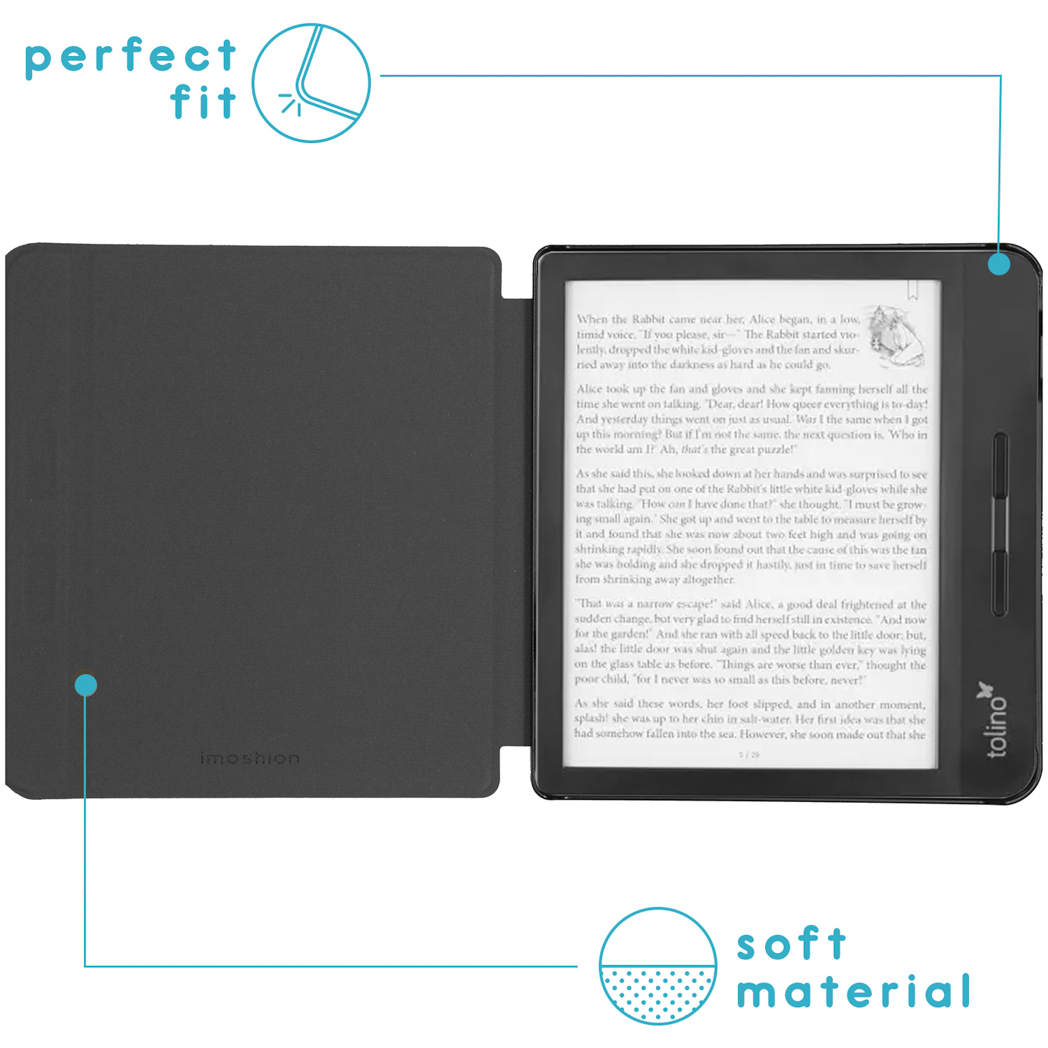 Een open zwarte Tolino e-reader met tekst, beschermhoes en blauwe infographics over de perfecte pasvorm en zachte materialen.
