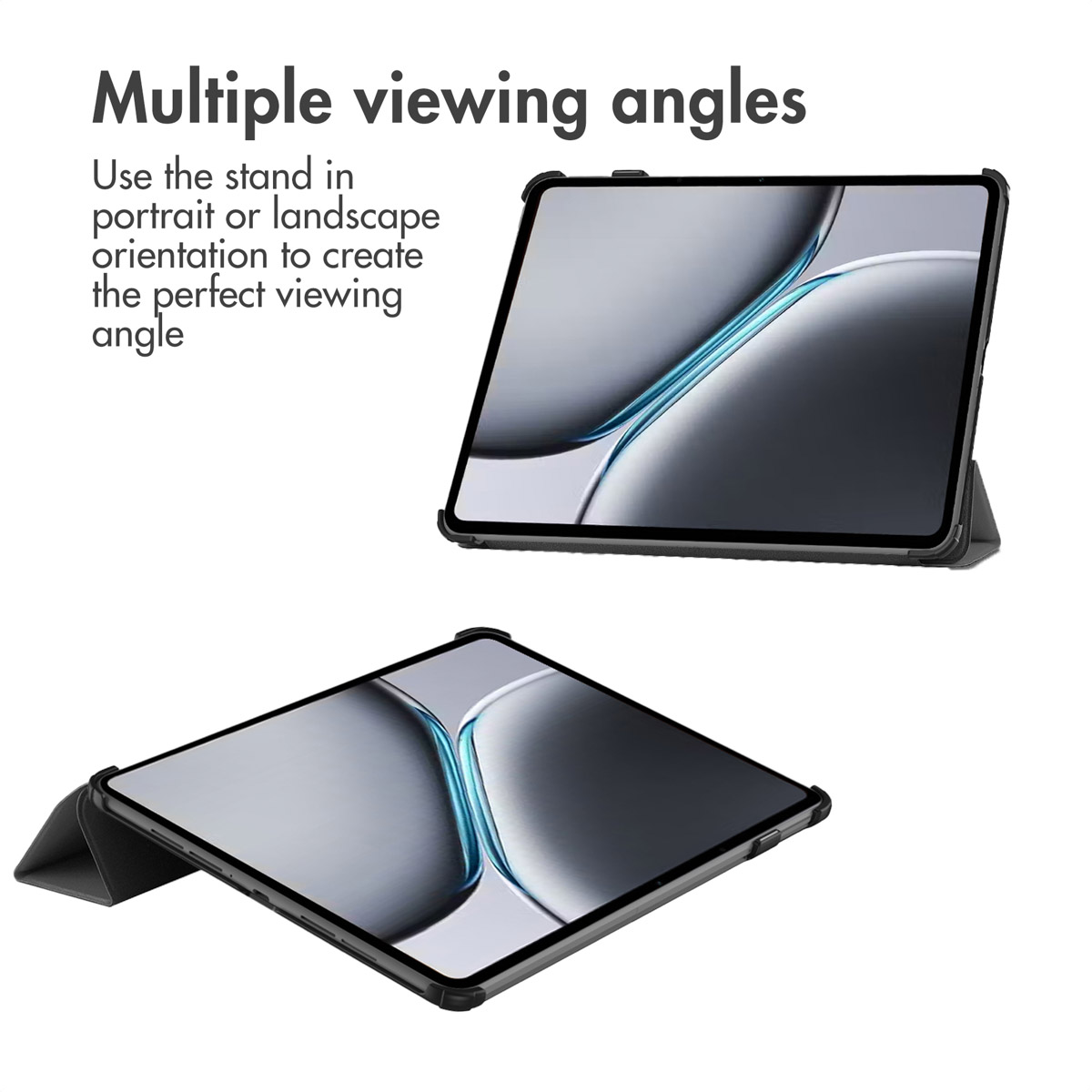 Twee tablets in zwarte hoesjes in verschillende hoeken met promotietekst.