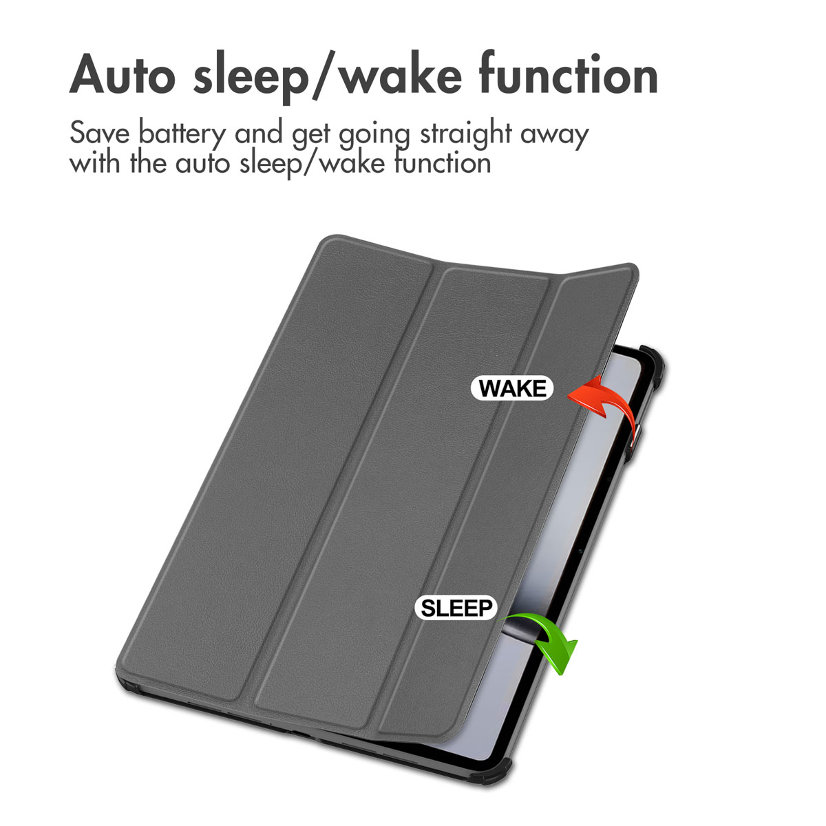 Tablet in grijze hoes met automatische slaap- en waakfunctie.