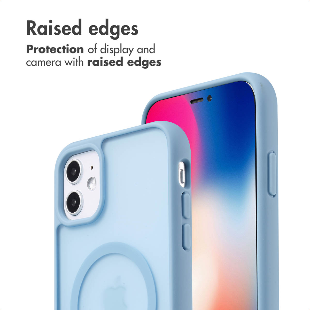 Blaue Handyhülle mit erhöhten Rändern für Display- und Kameraschutz.