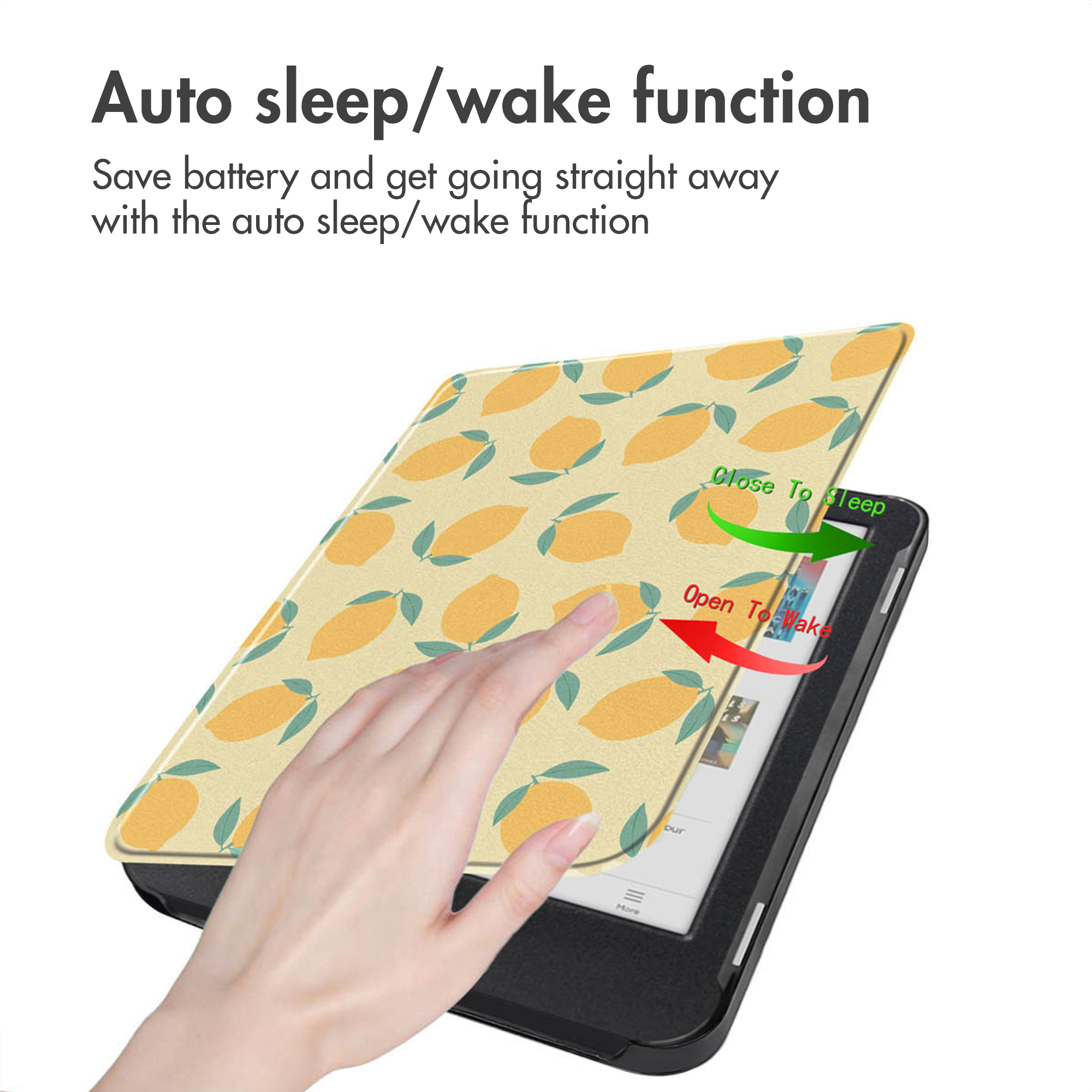 Een hand opent een tabletkaft met citroenprint voor de slaap/waakfunctie.