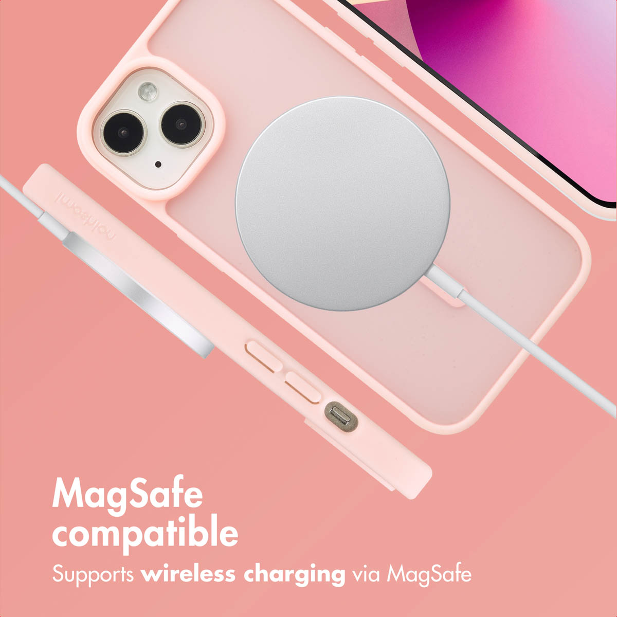Cover per telefono rosa con caricatore wireless MagSafe su sfondo rosa.