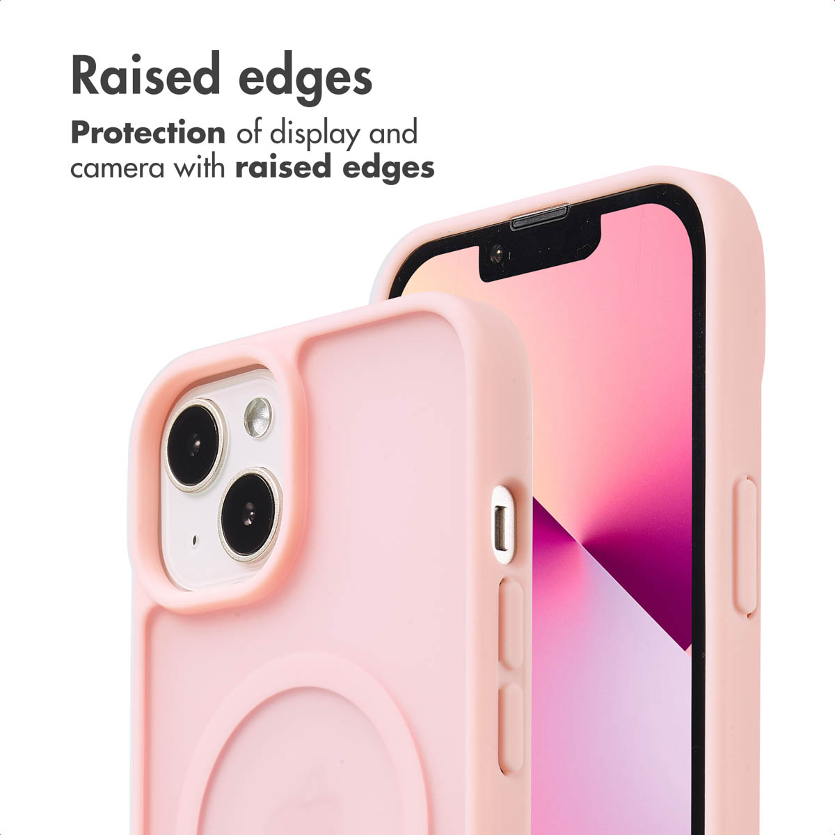 Cover per smartphone rosa con bordi rialzati per proteggere display e fotocamera.