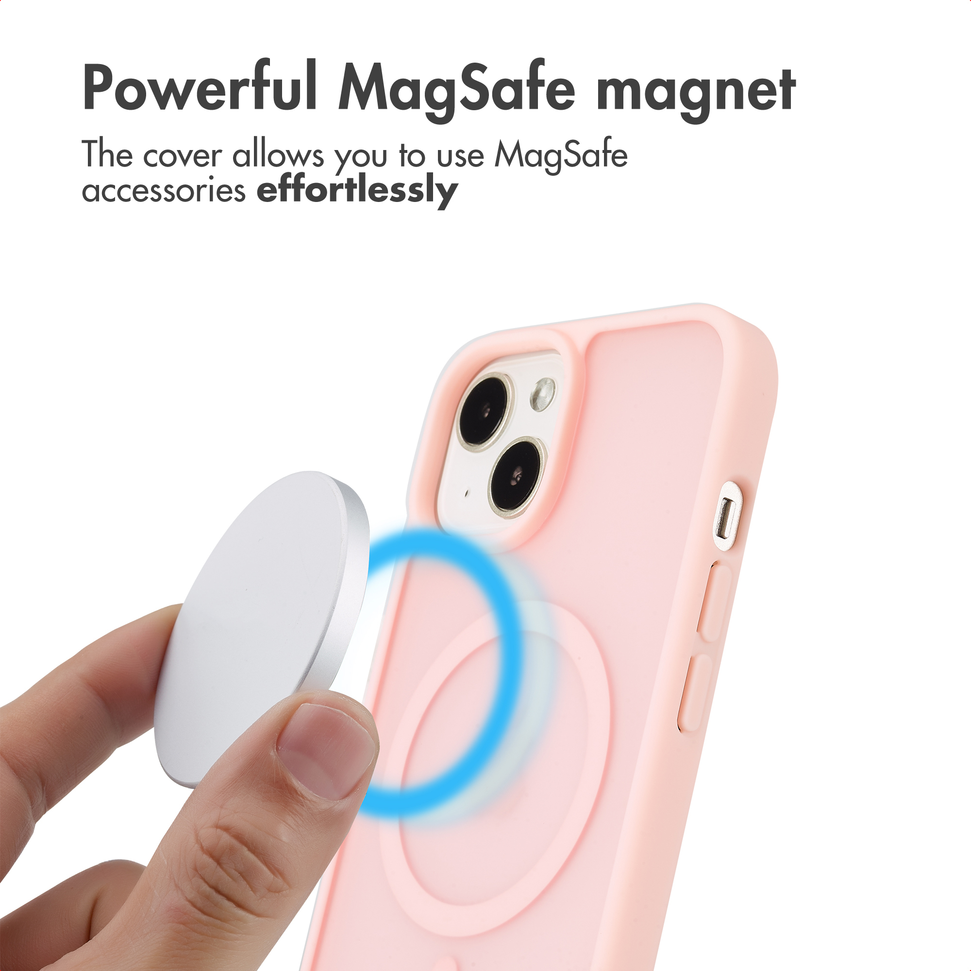 Mano che tiene una calamita davanti a una cover rosa per iPhone con MagSafe.
