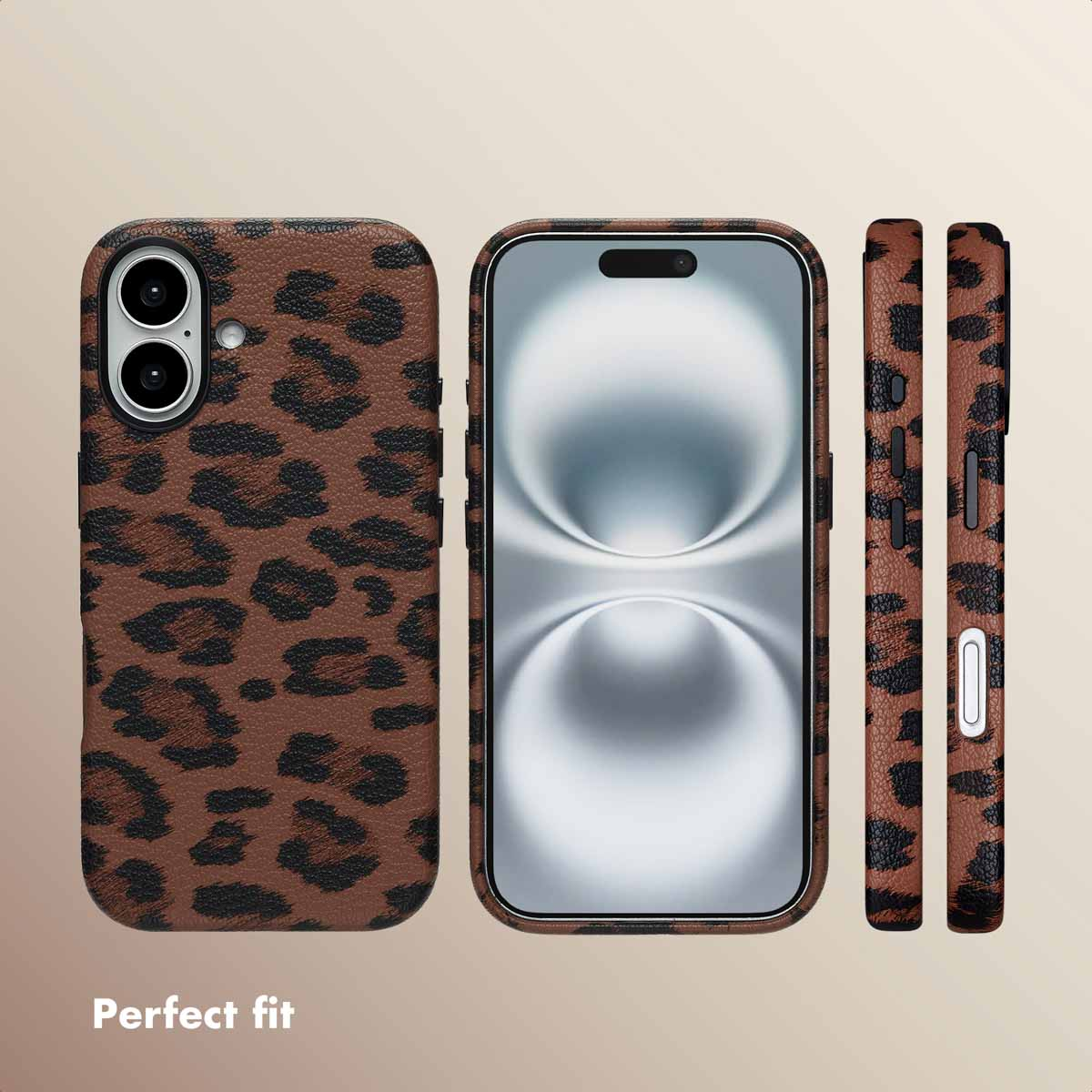 Uno smartphone con cover leopardata marrone mostrato da retro, fronte e lato su sfondo neutro.