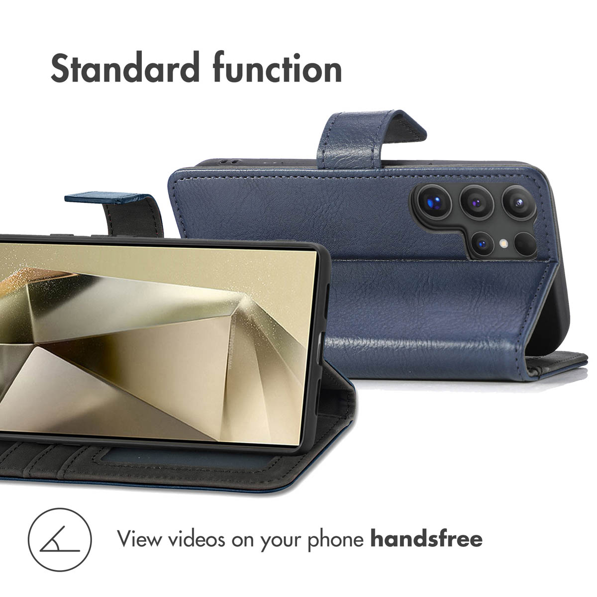 A dark blue leather phone case stands upright, showing front, back, and its hands-free stand function.