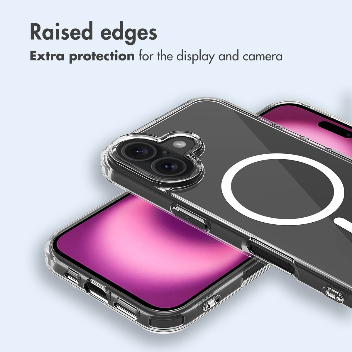 Funda transparente para teléfono con bordes elevados sobre fondo azul claro.