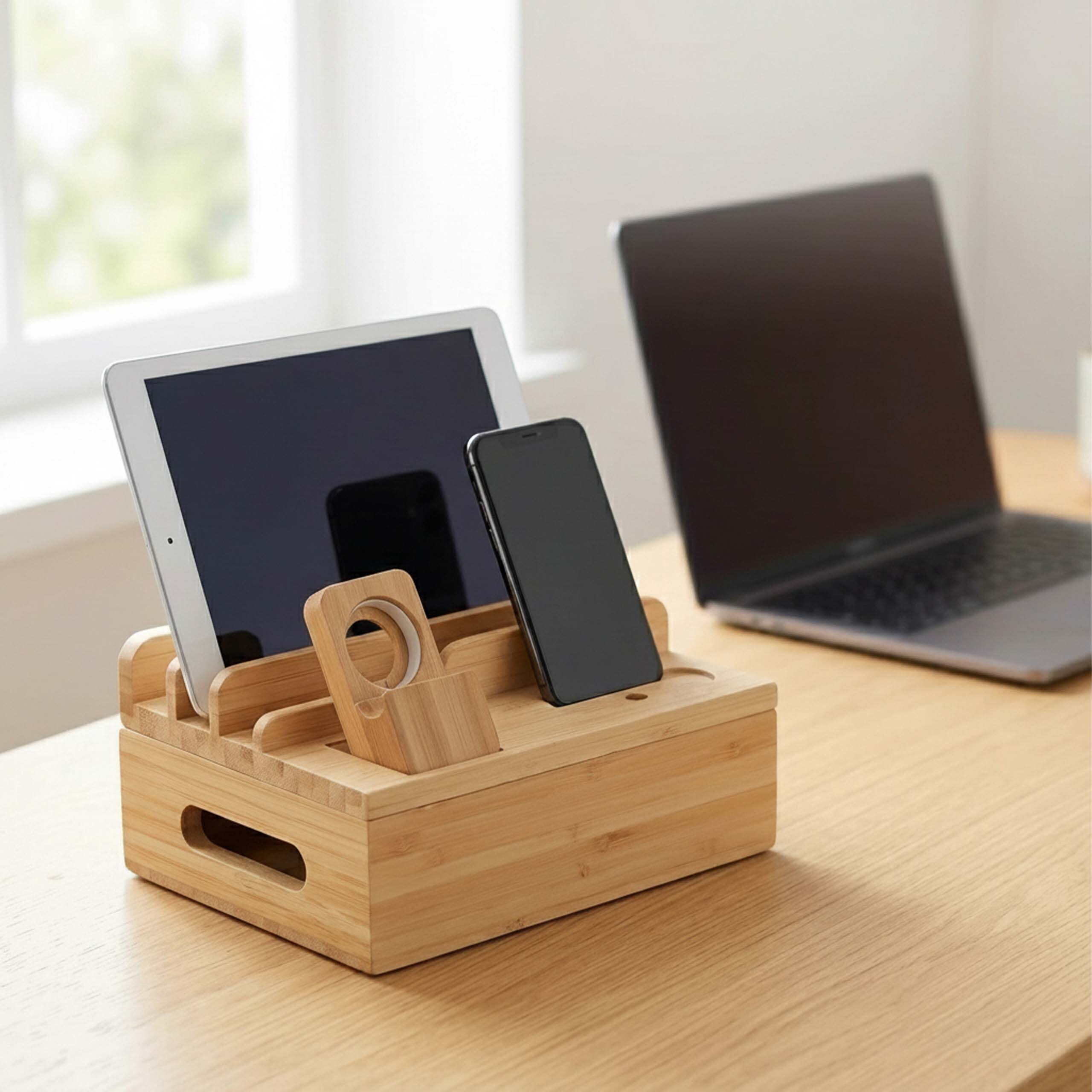 Eine hölzerne Dockingstation auf einem Schreibtisch mit Tablet, Smartphone und Uhreneladegerät sowie einem Laptop im Hintergrund.