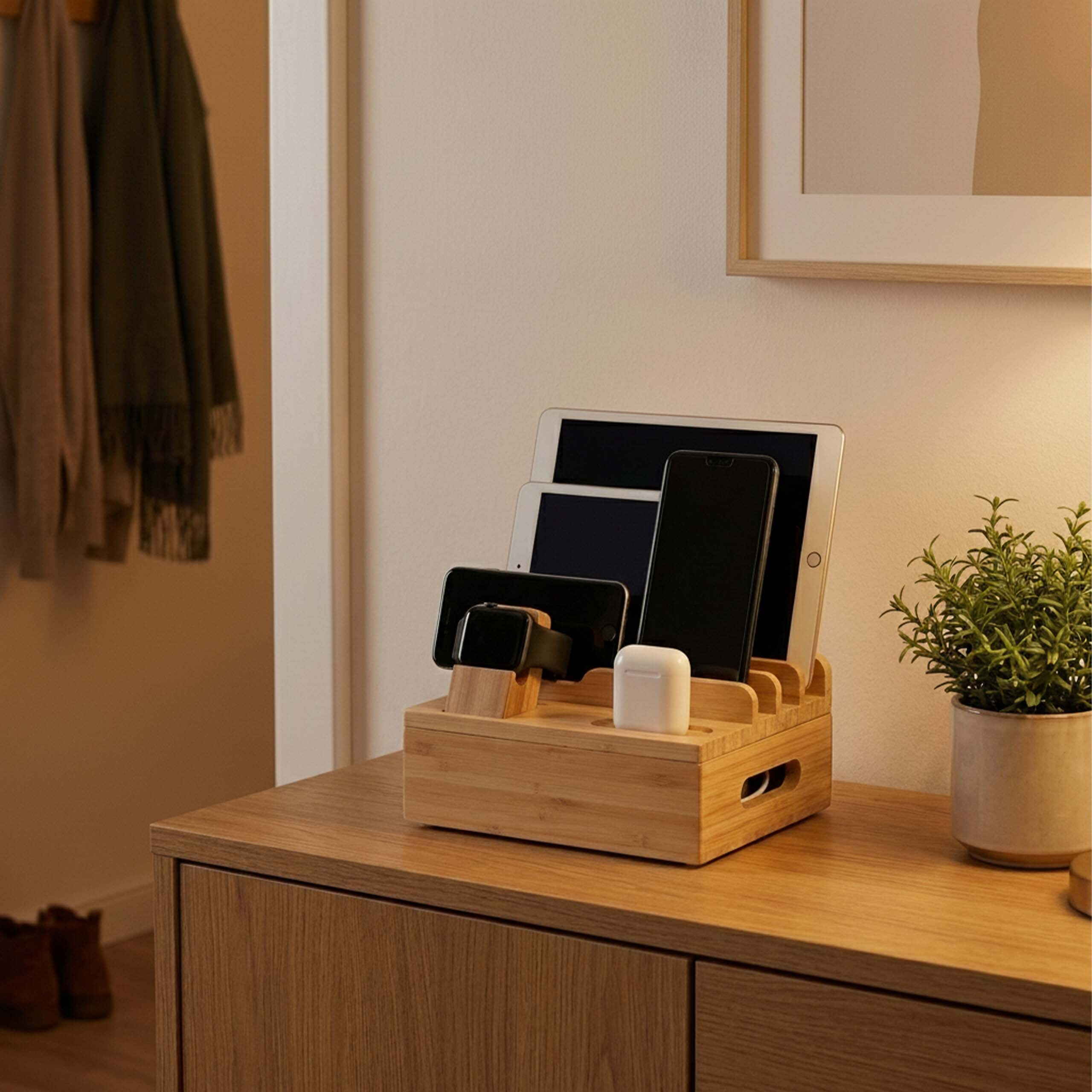 Eine hölzerne Ladestation auf einer Kommode hält Telefone, Tablets, eine Smartwatch und Kopfhörer bereit.