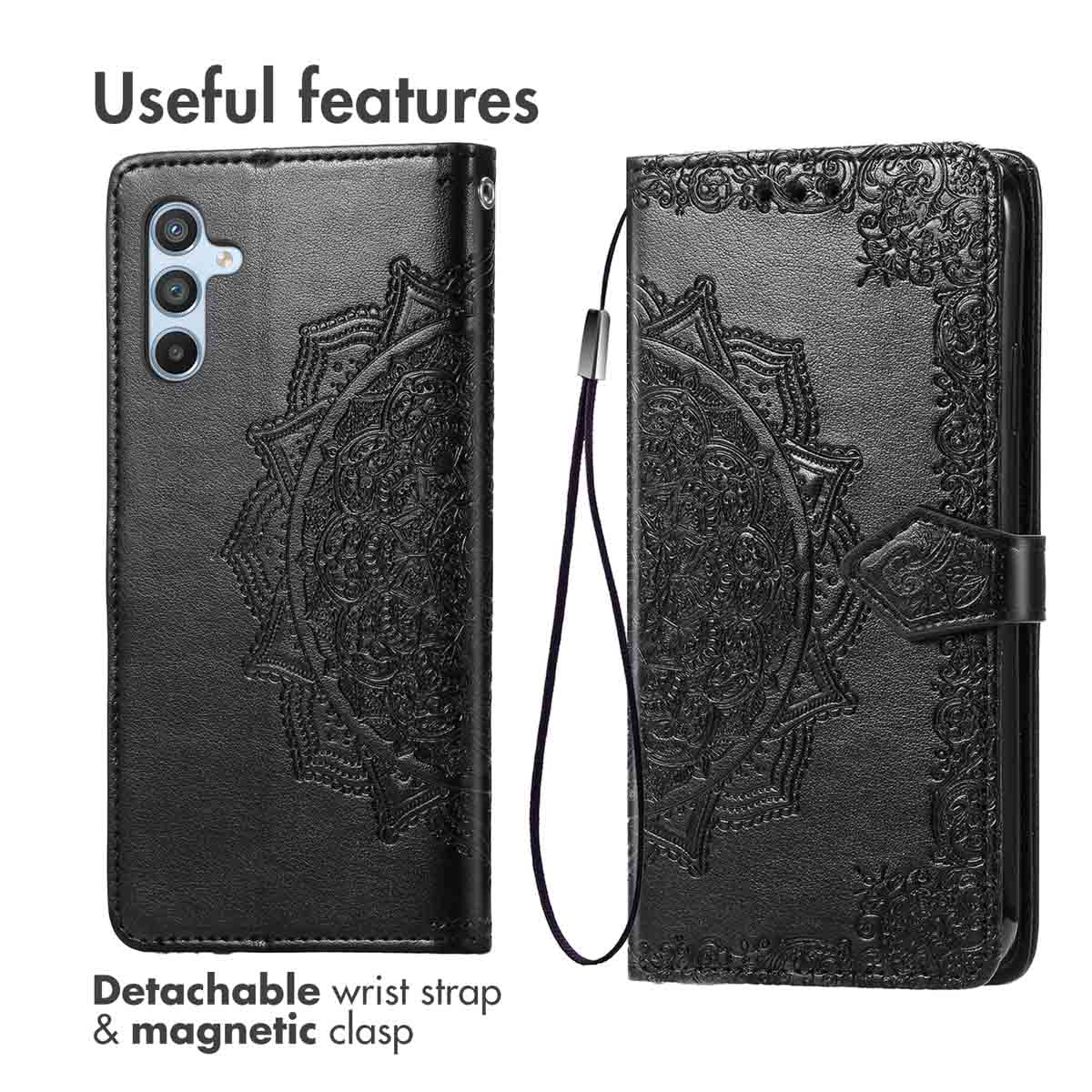 Etui de telephone en cuir noir avec motif mandala, dragonne et fermoir magnetique.