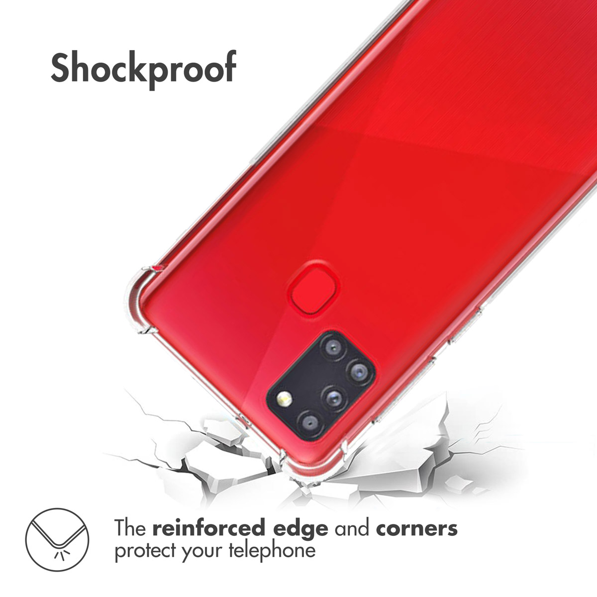 Téléphone rouge avec coque transparente antichoc sur surface blanche fissurée, texte met en valeur les coins.