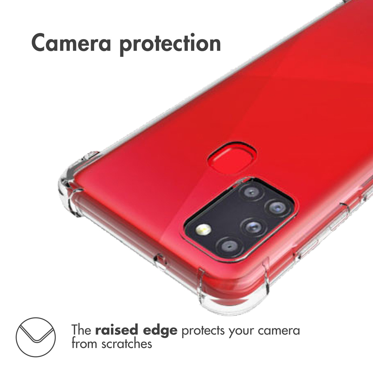 Un smartphone rouge dans une coque transparente, mettant en valeur le bord surélevé de l'appareil photo.