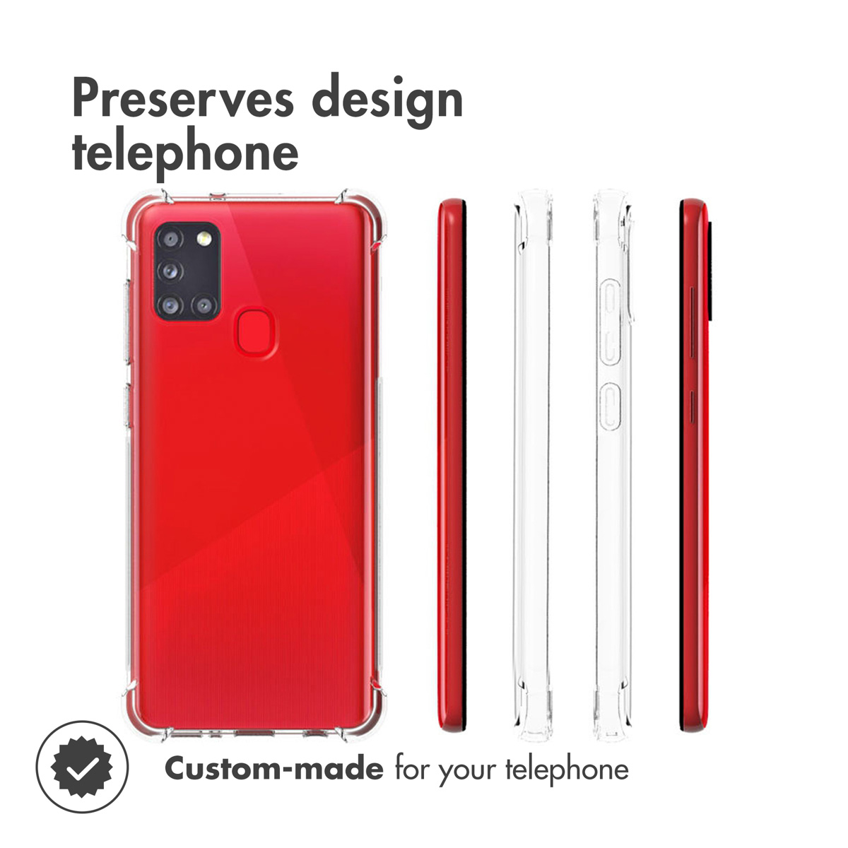 Coque de protection transparente pour smartphone rouge sous plusieurs angles.
