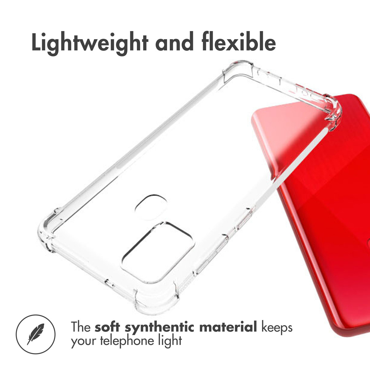 Une coque de téléphone transparente et flexible à côté d'un smartphone rouge.