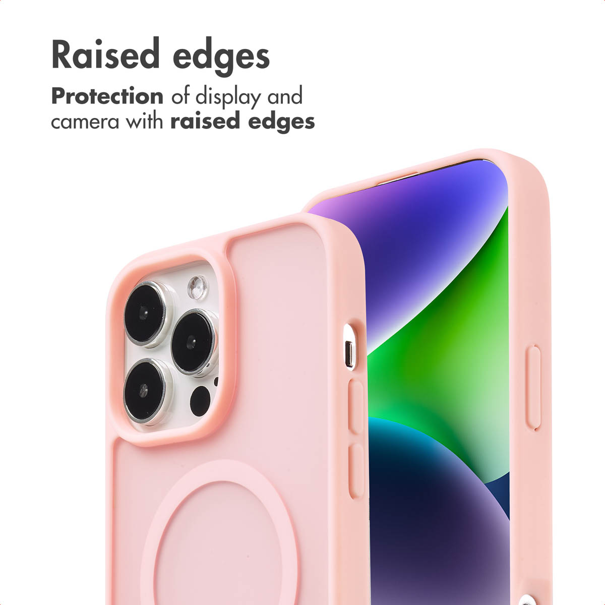 Ein Smartphone in einem rosa Silikongehäuse mit erhöhten Rändern für Display- und Kameraschutz.