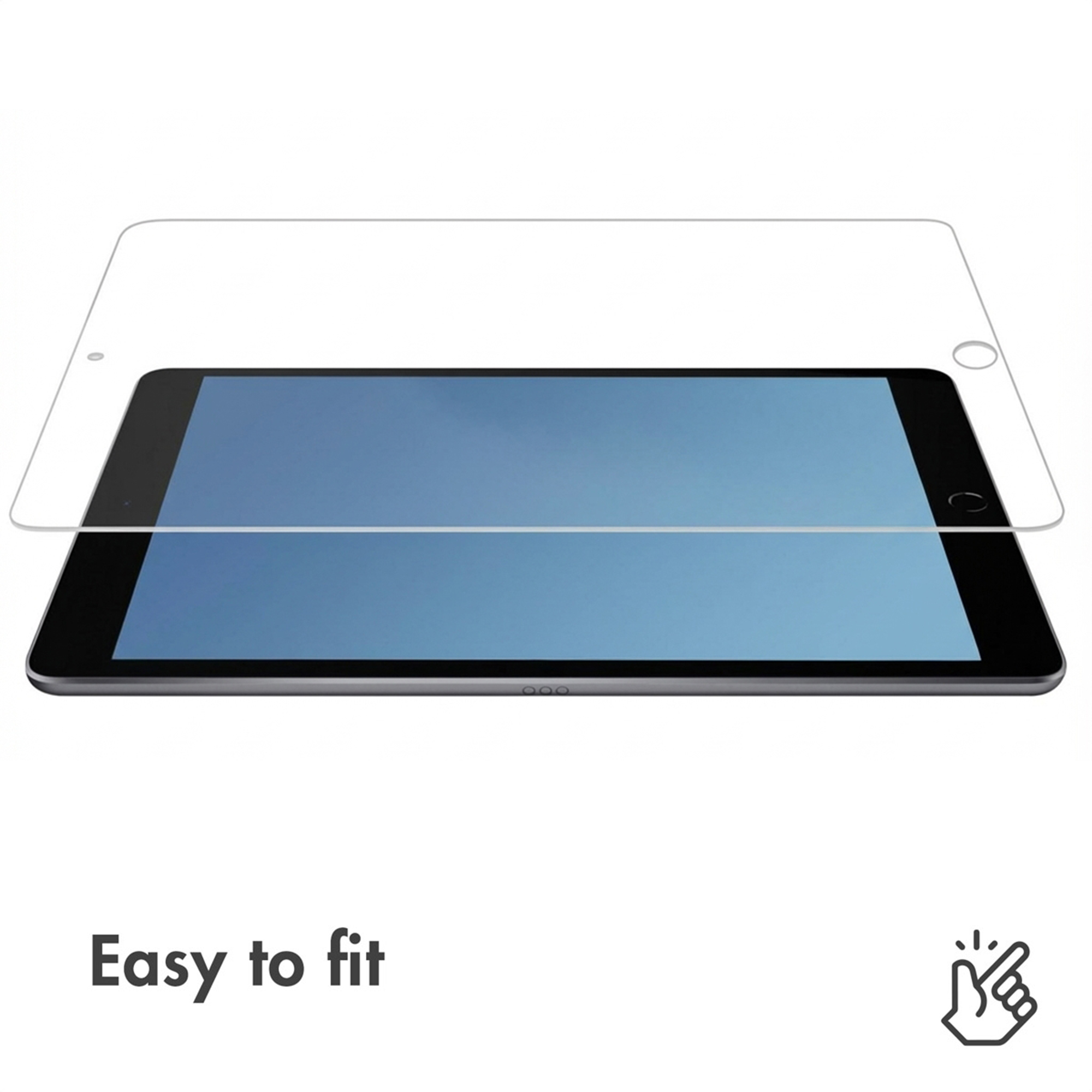 Un tablet con una pellicola protettiva trasparente sopra. Sotto c'è scritto 'Easy to fit'.