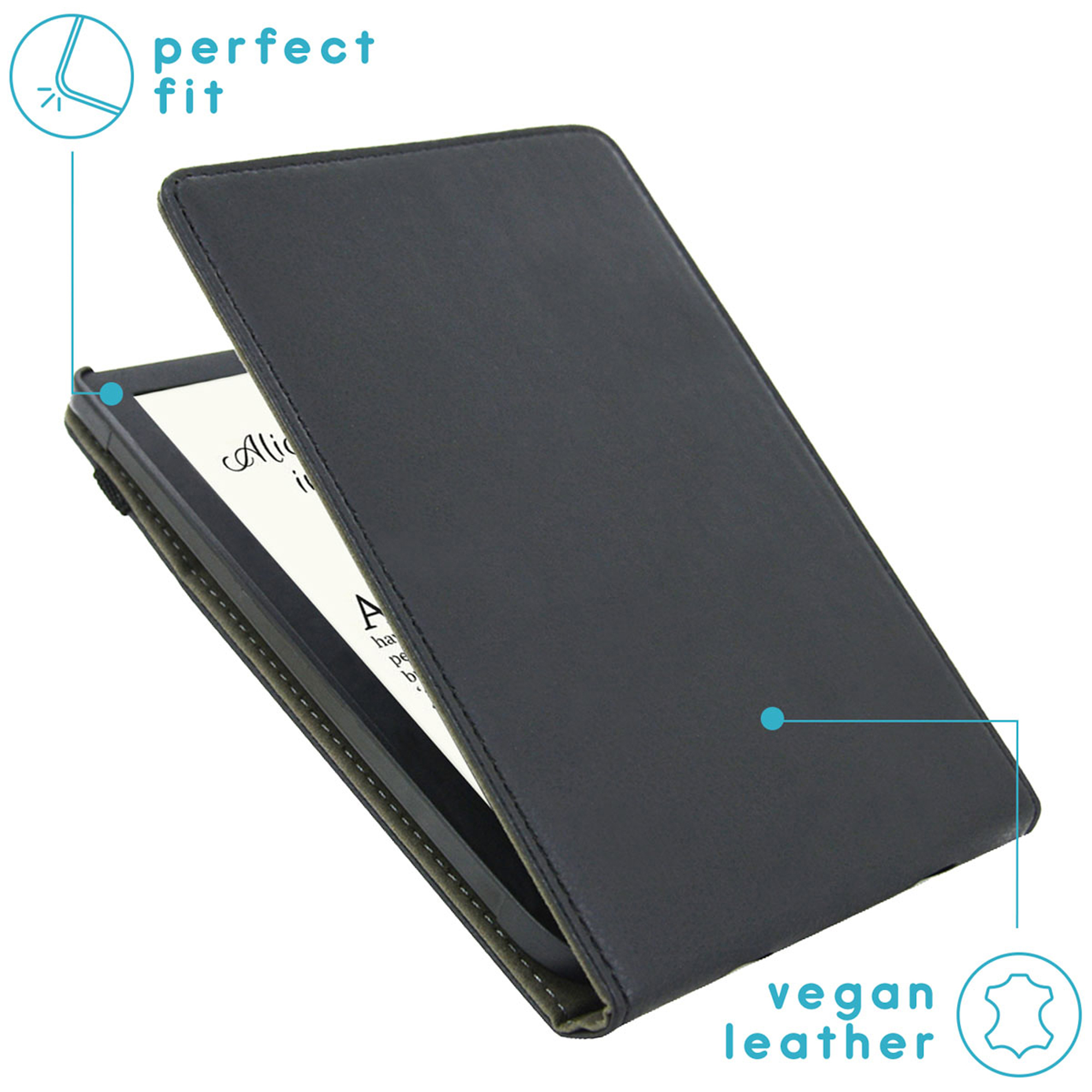 Zwarte vegan leer e-reader hoes met een perfecte pasvorm en tekst.