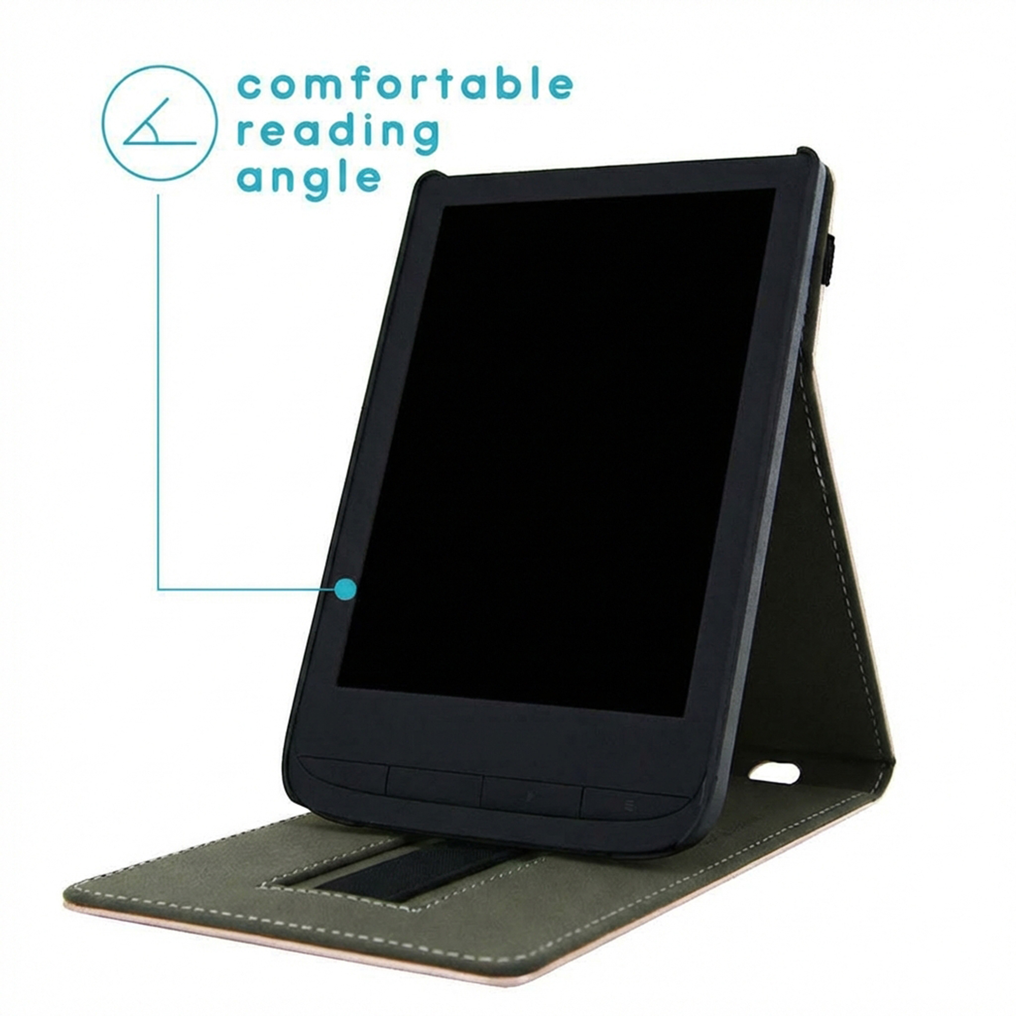 Een e-reader in een groene hoes staat rechtop en toont de comfortabele leeshoek.