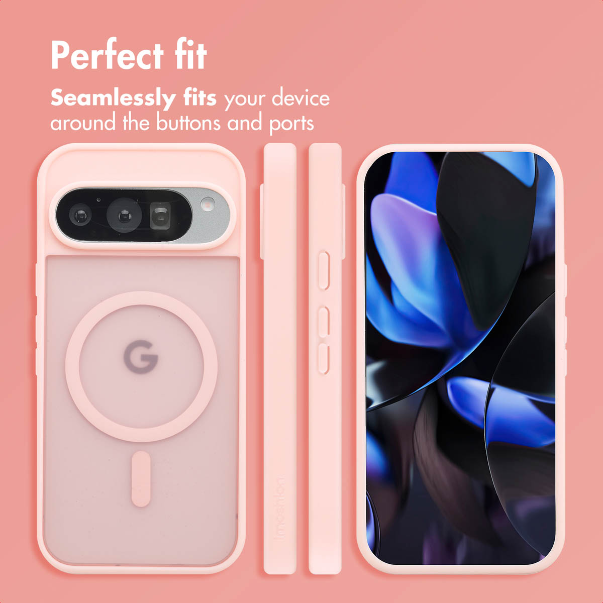 Custodia rosa con MagSafe per Google Pixel, mostrata da davanti, dietro e di lato.