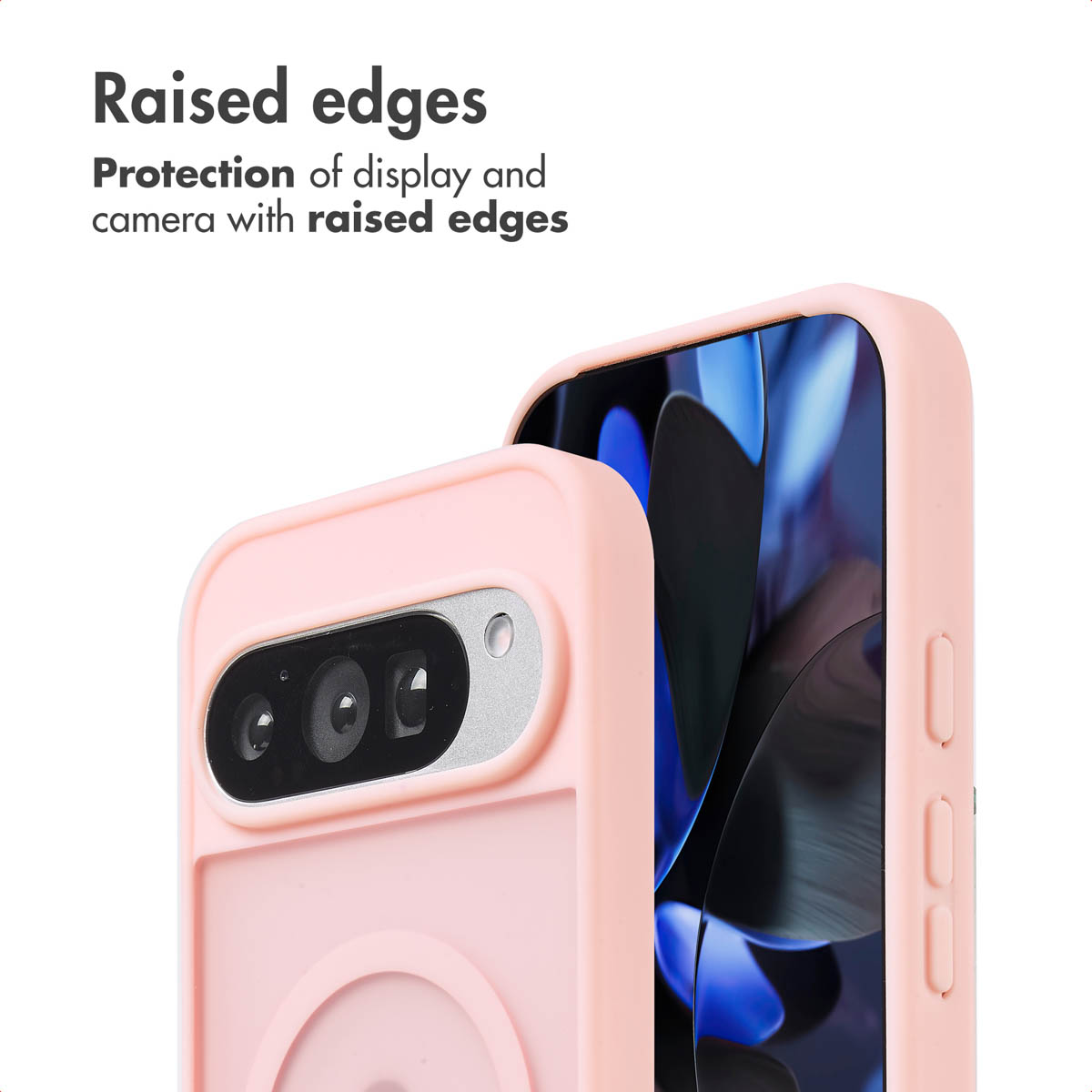 Custodia rosa per smartphone con bordi rialzati per proteggere display e fotocamera.