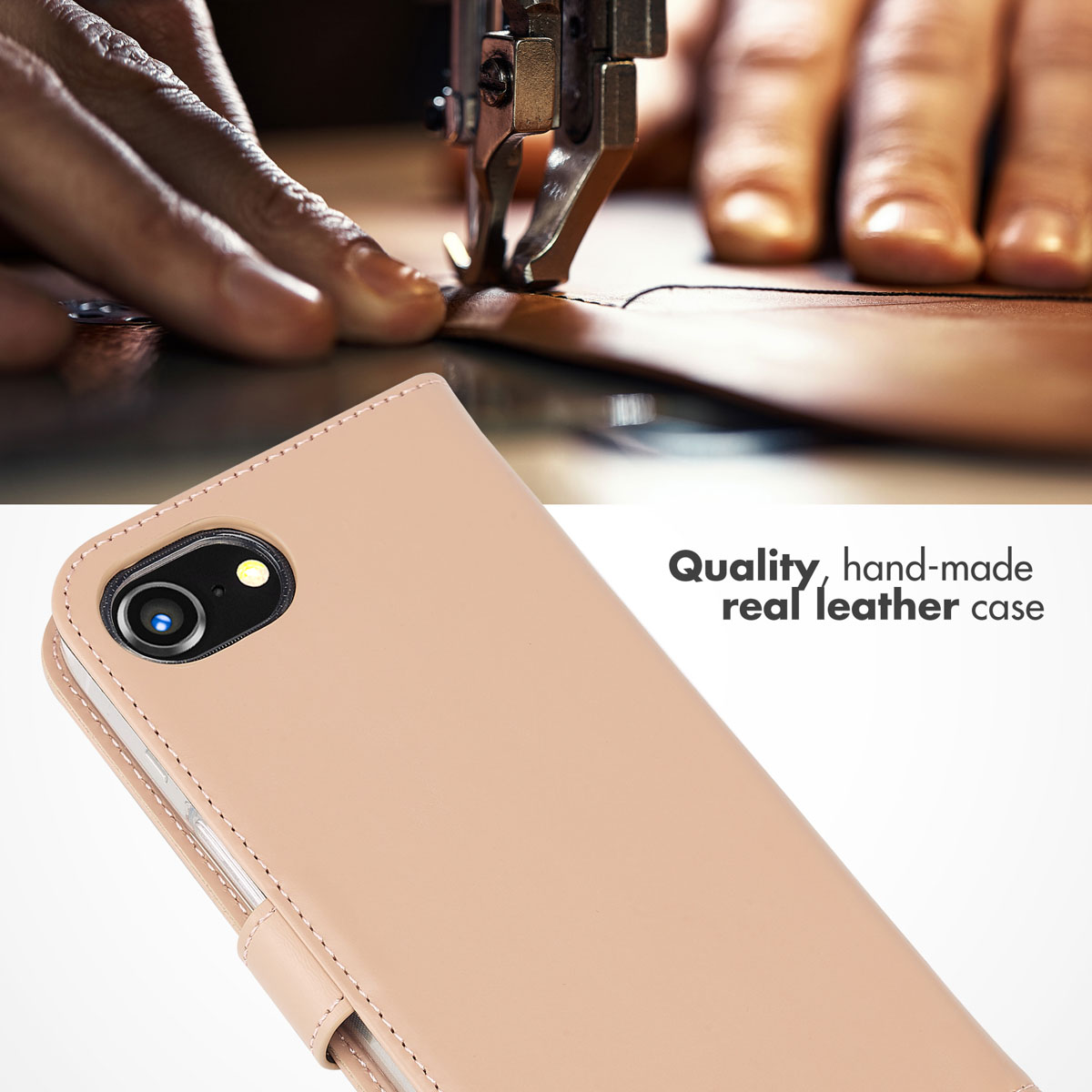 Gros plan d'un étui de téléphone en cuir rose, avec une personne cousant du cuir en arrière-plan et le texte Quality, hand-made real leather case.