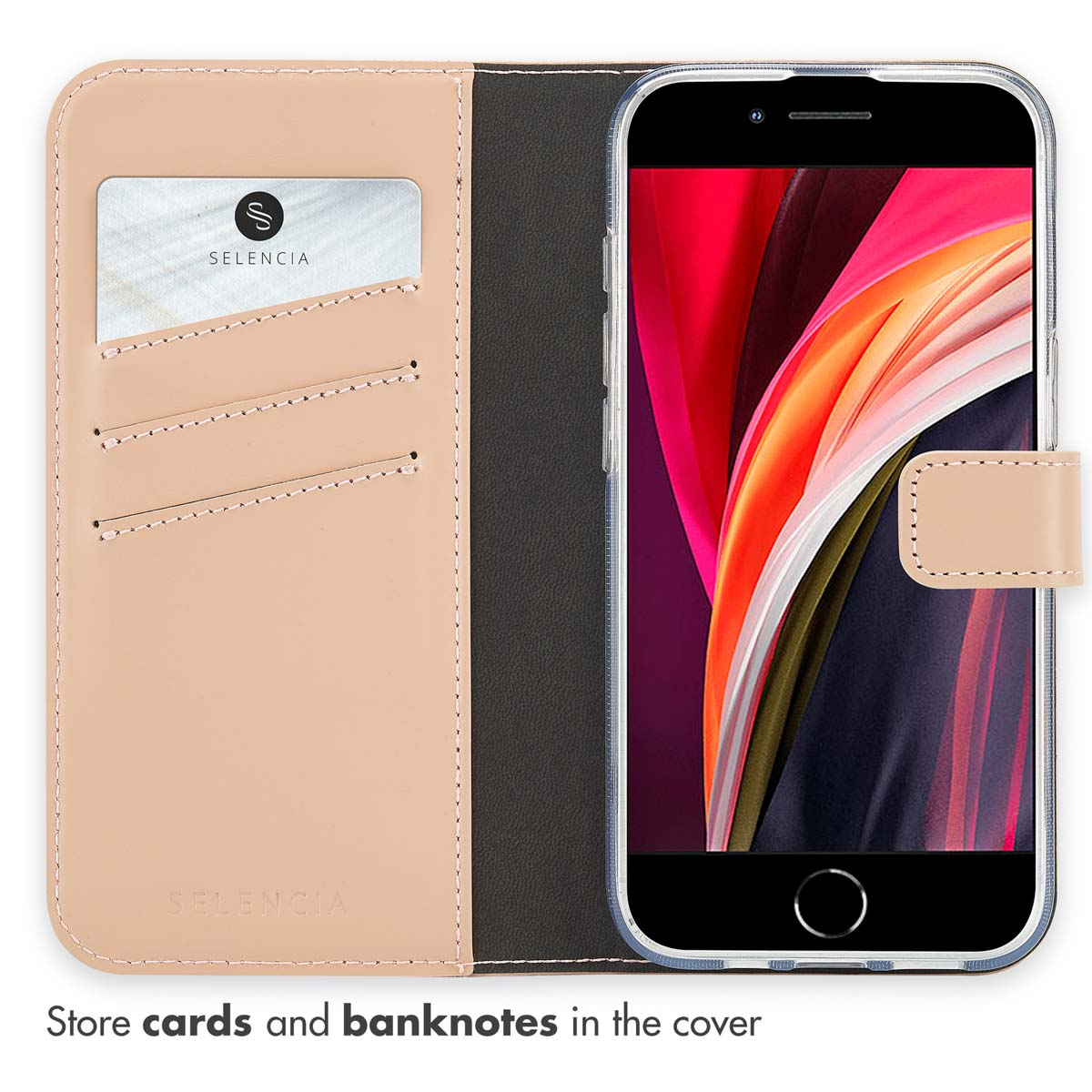 Un étui de téléphone en cuir beige avec des fentes pour cartes et un smartphone à l'intérieur.