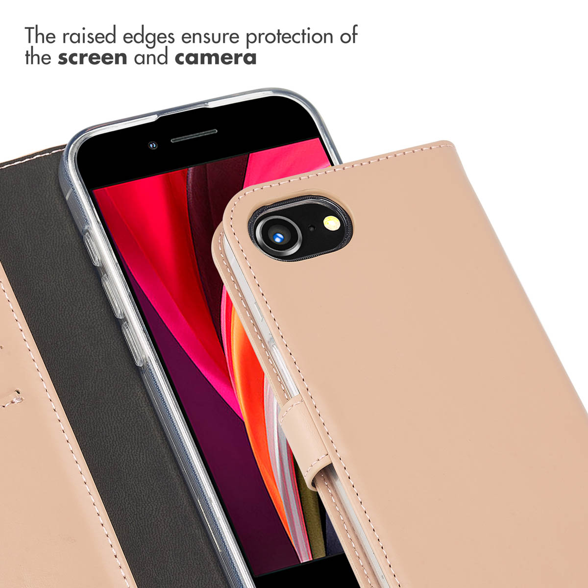 Étui portefeuille en cuir beige pour smartphone avec bords surélevés protégeant l'écran et la caméra.