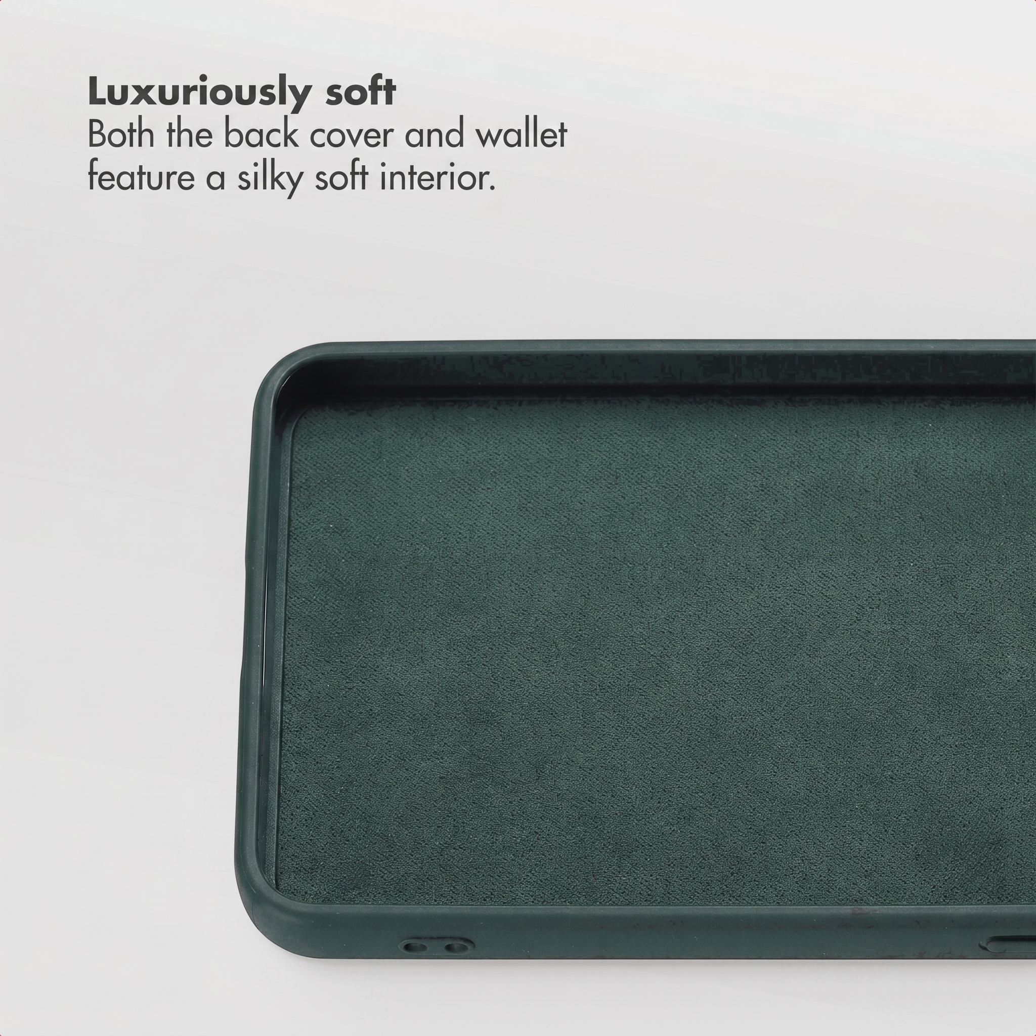 Fundas para móvil verde oscuro con interior suave y texto descriptivo arriba.