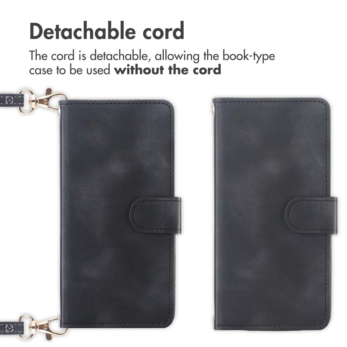 Zwarte boektype telefoonhoes met afneembaar koord voor flexibel gebruik.