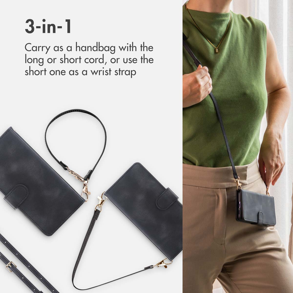 Een zwart telefoontasje met verstelbare riemen wordt gedragen als crossbodytas en polsbandje.