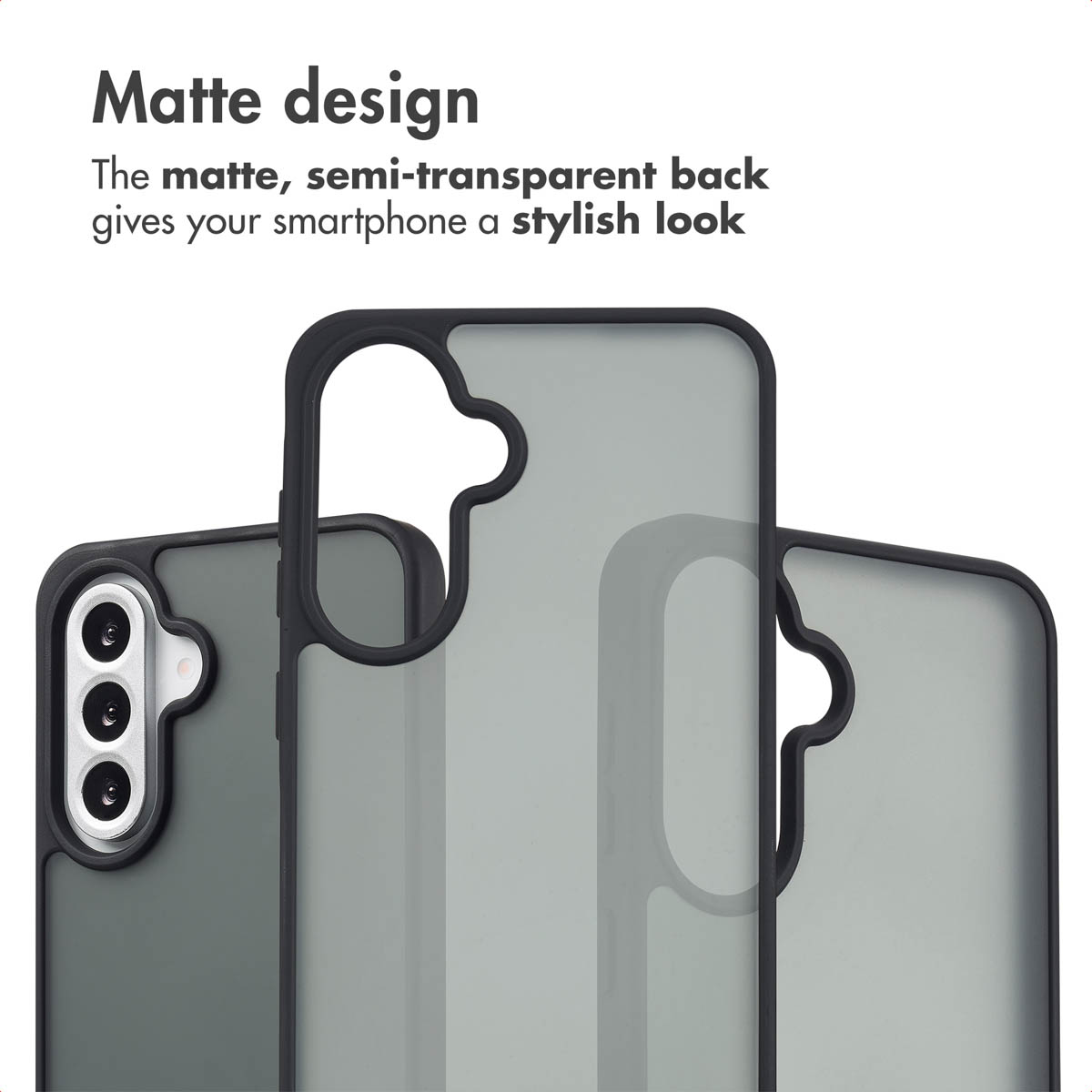 Tre cover per smartphone opache e semi-trasparente con bordi neri e ritagli per la fotocamera.